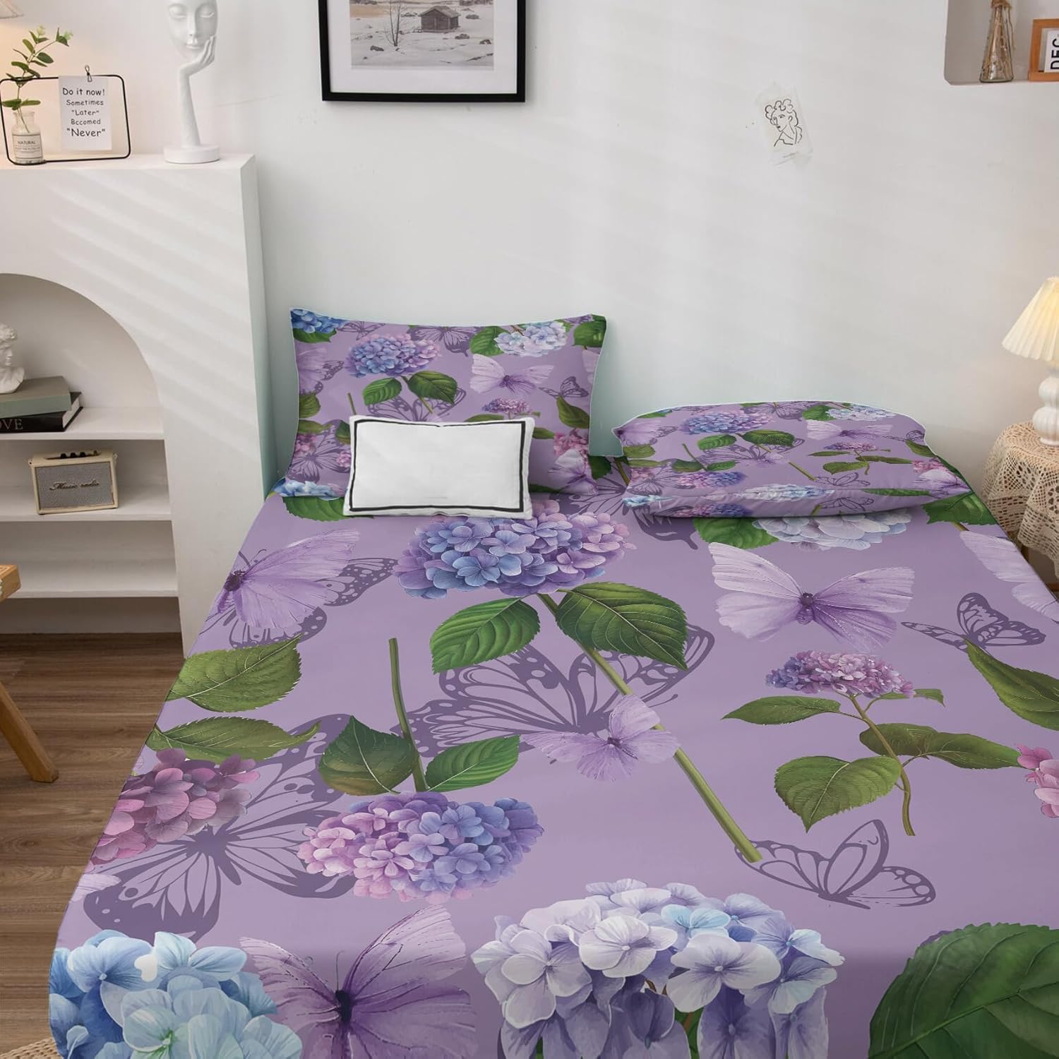 Floral Sheets Split King Size, Purple Lavender Flower Bed Sheet Set, Nature Bedding Sheet Sets 5 Piece, Soft Microfiber Deep Pocket 2 Fitted Sheet & Flat Sheet & 2 Pillowcases