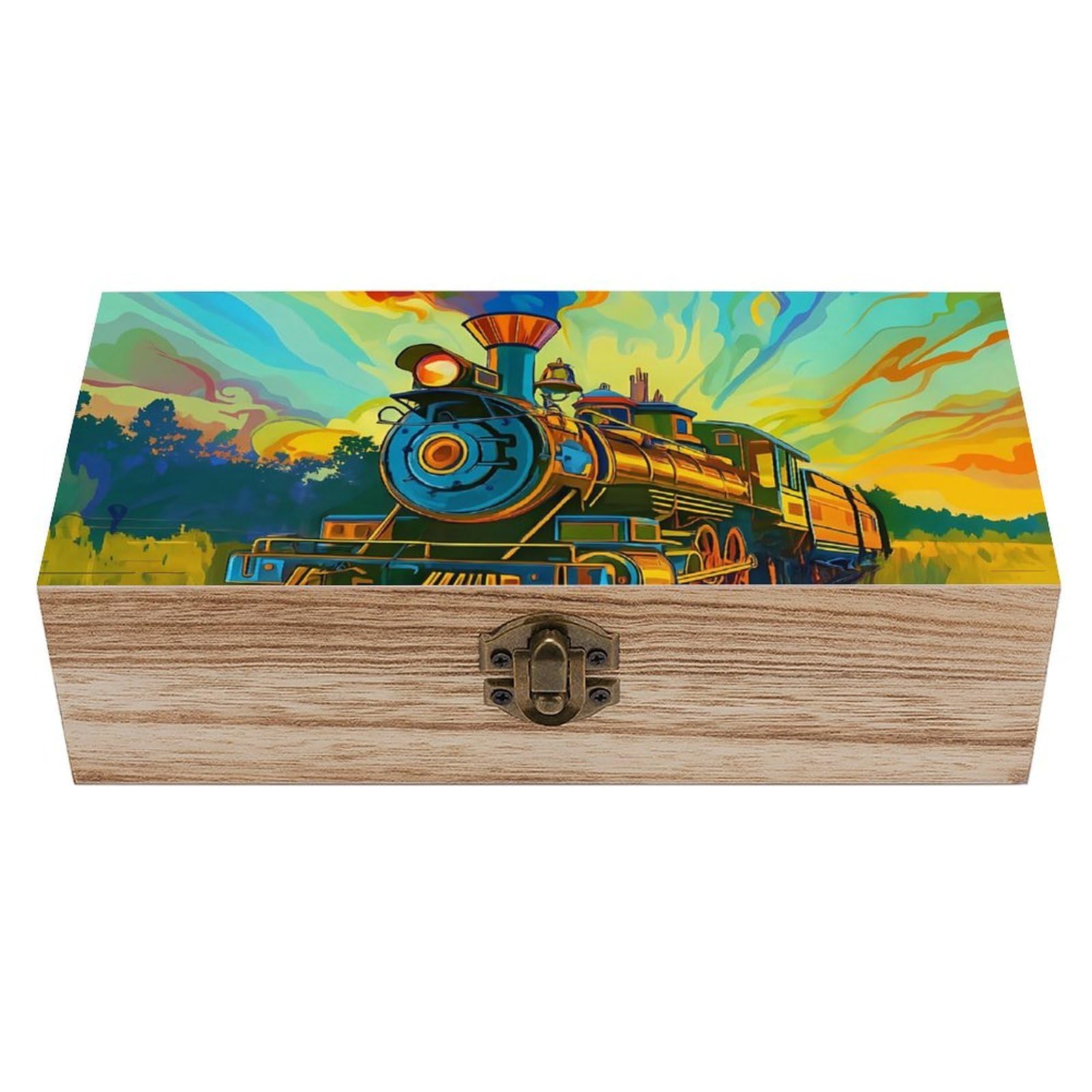 HLBSDM Watercolor Train Retro Wooden Storage Box Jewelry Art Gift Boxs Decorative Keepsake Boxes