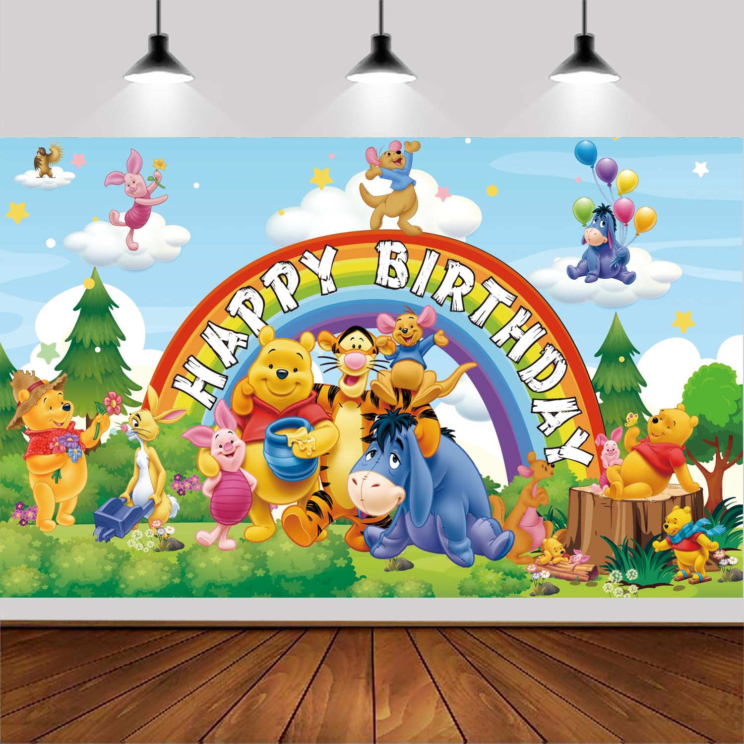 Photo 1 of 6x3.6FT Bear Happy Birthday Backdrop,Winnie The Pooh Backdrop Cartoon Animals Boys Girls Newborn Baby Shower Birthday Party Banner.
