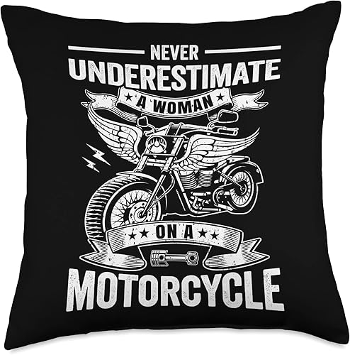 Motorcyclist Biker Women Almohada de motociclista para mujer, nunca subestima a una mujer en una motocicleta, 18 x 18 pulgadas, multicolor