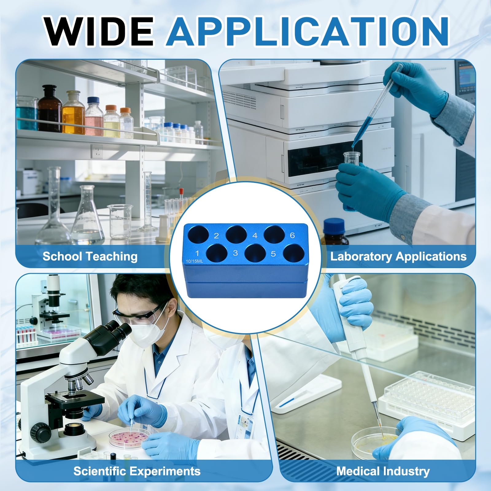 PATIKIL 6 Pozzi Porta Provette Microcentrifuga Raffreddato, Vassoio Piastra Coltura Tessutale, Blocco Raffreddamento Alluminio Per Provette PCR 50ml, Attrezzatura Laboratorio, Blu Chiaro