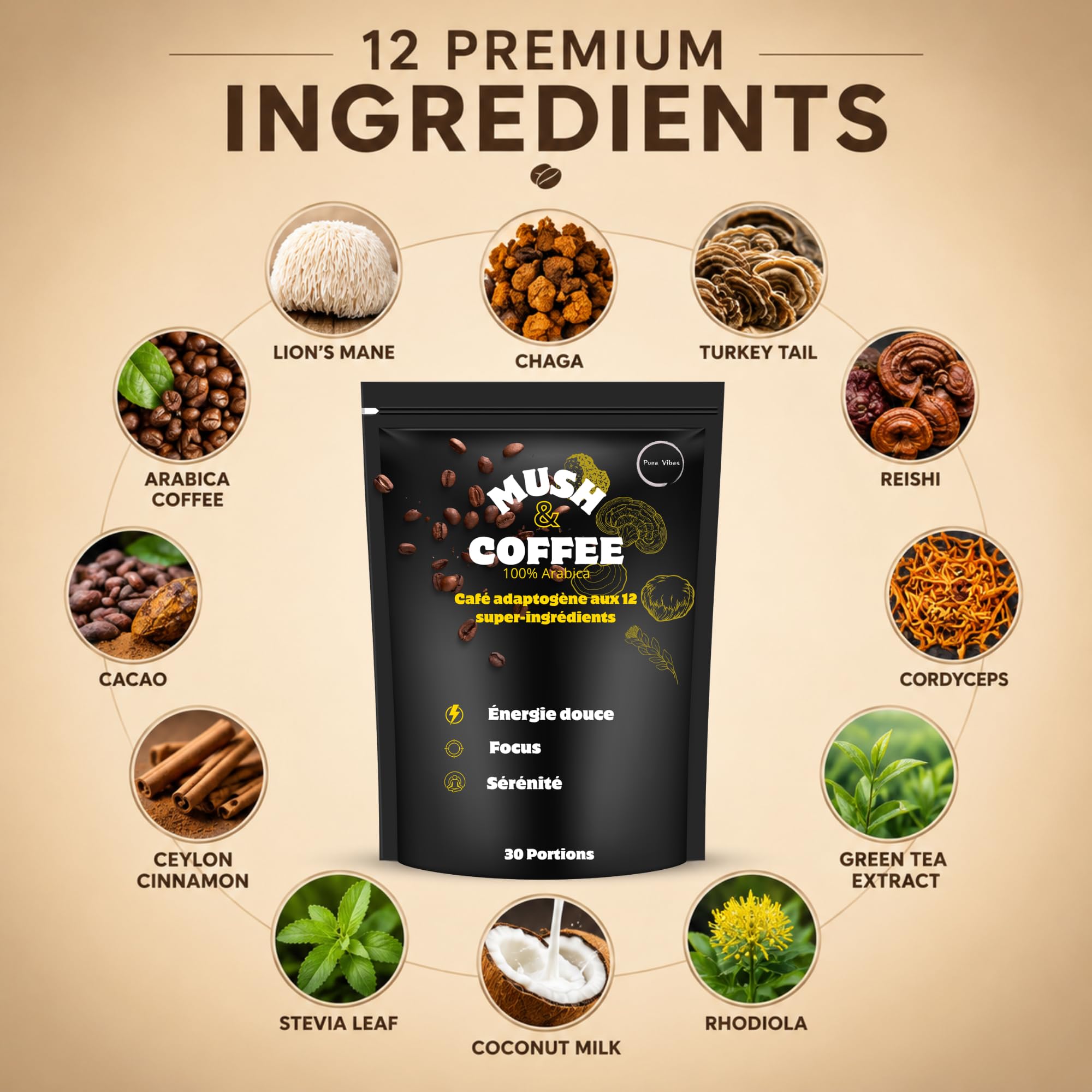 Alternative au Café – Substitut de Café Instantané Reishi & Lion’s Mane – PureVibes Mush & Coffee – Énergie Stable & Concentration – Vegan Sans Sucre – 15 Portions (30, Tasses)