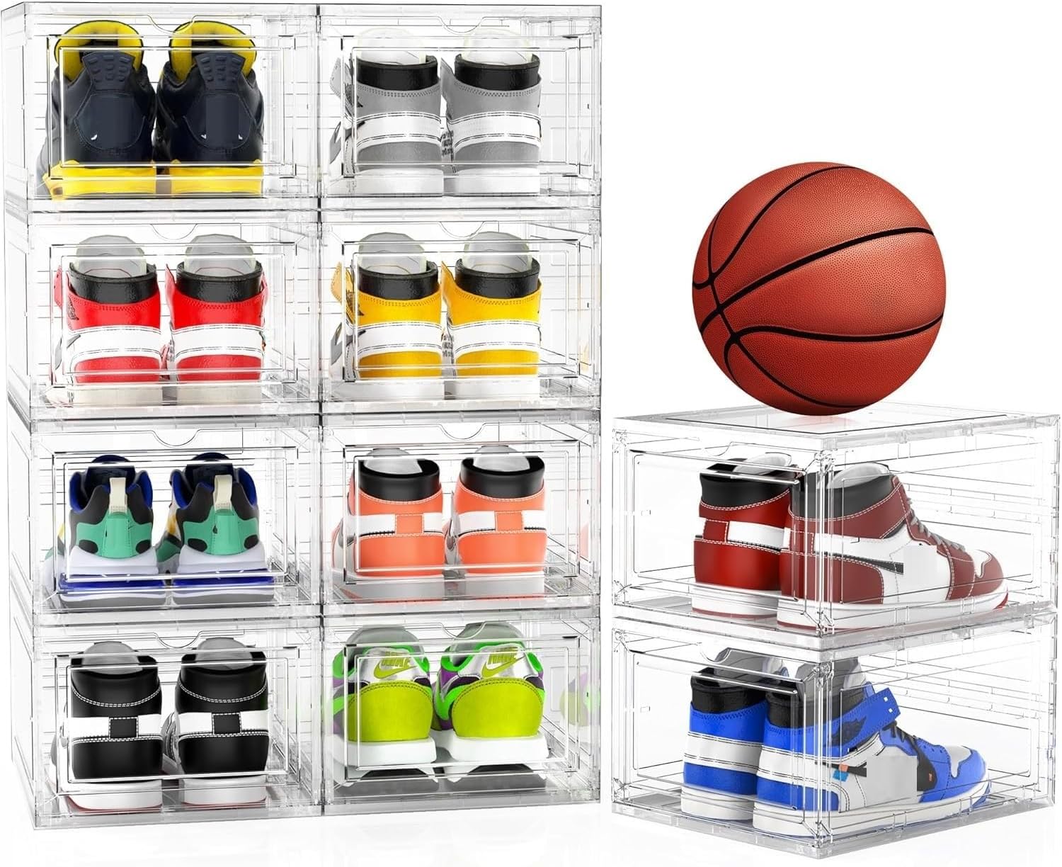 10 Pack XX Large Thicken Sturdy Hard Plastic Clear Stackable Shoe Storage Boxes for Size 12, Sneaker Shoe Rack Containers Holders Bins Display Case Organizer for Closet, White