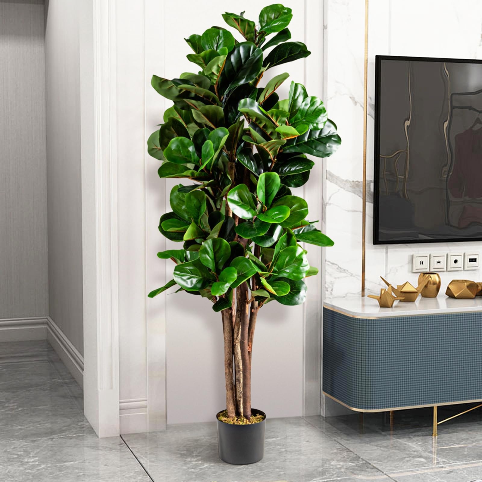 COSTWAY Pianta Finta da Interno da 150 cm, Albero Fico Ficus Artificiale Plastica in Vaso, Pianta Artificiale per Salotto, Camera da Letto e Balcone