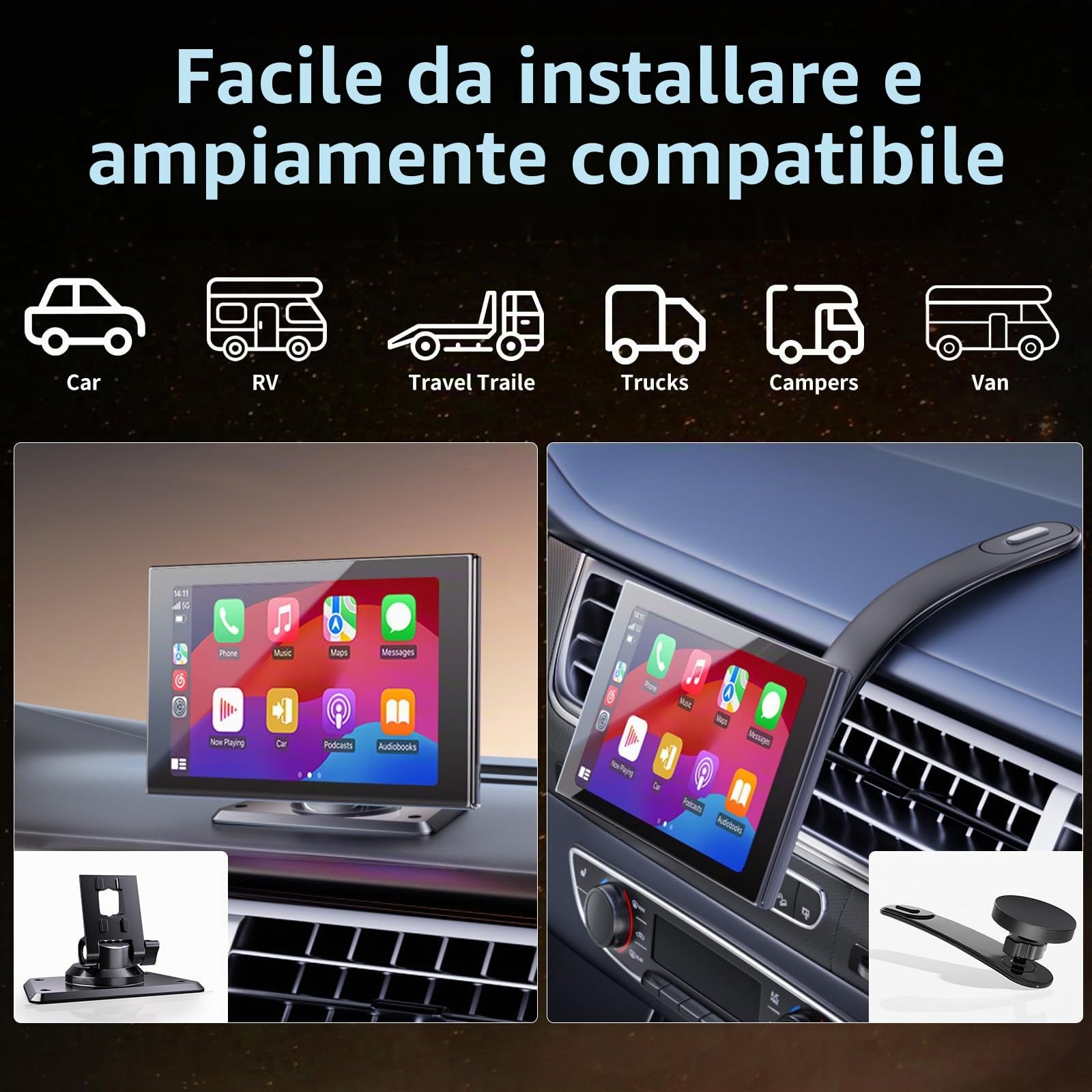 Display Portatile da 7" per Apple CarPlay e Android Auto | Schermo Orientabile Con Telecamera di Retromarcia, Mirror Link, Aggiornamenti OTA, Comando Vocale Bluetooth, per Autovetture