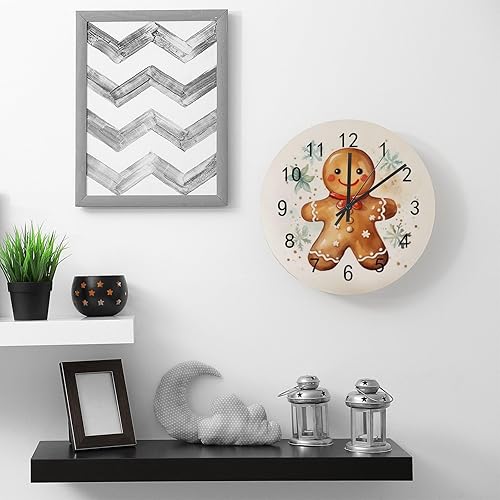 Miniatura 4 de Reloj de pared de madera con pilas, silencioso, sin tictac, lindo copo de nieve de jengibre de Navidad, redondo, preciso, reloj de baño, sala de