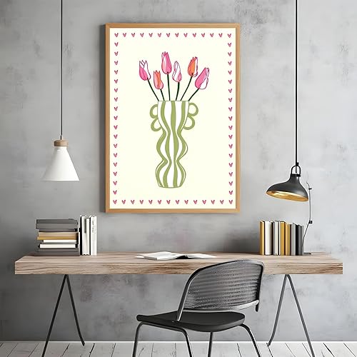 Miniatura 5 de Licpach Jarrón de flores de tulipán moderno, arte de pared, póster floral retro minimalista con tulipán rosa, jarrón a rayas, arte moderno y