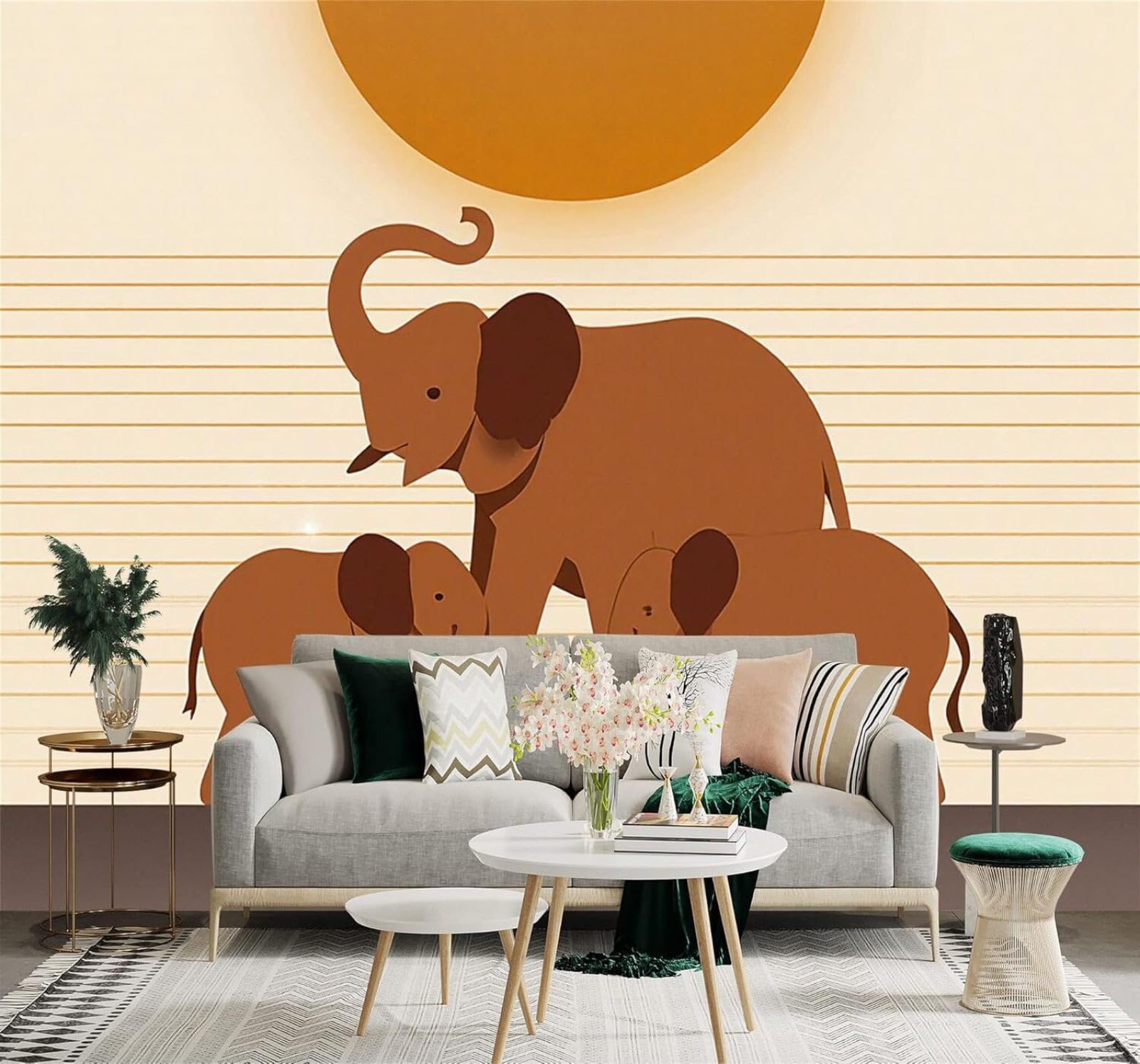 Xlming 400Cm×280Cm(B×H) Minimalist Elephant Family Sunset Lines Warm Tones 3D Wallpaper Silky Texture Home Study Office Grey Dining Room Sofa Bedroom Living Room Tv Backdrop-400Cm×280Cm