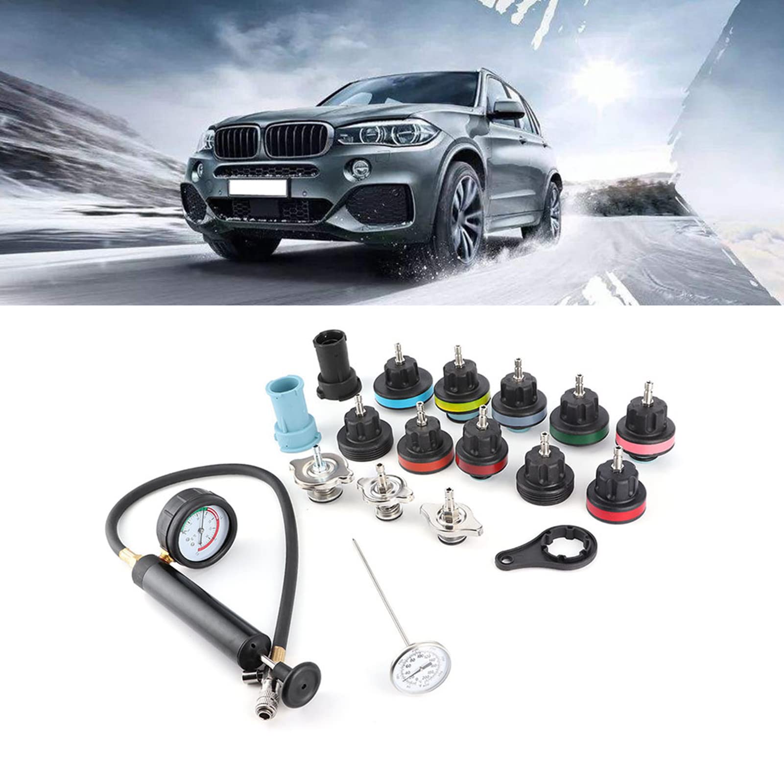 Kit de Herramientas para Comprobar Fugas de presión del radiador, Detector de Fugas de Agua del Sistema de refrigeración automotriz