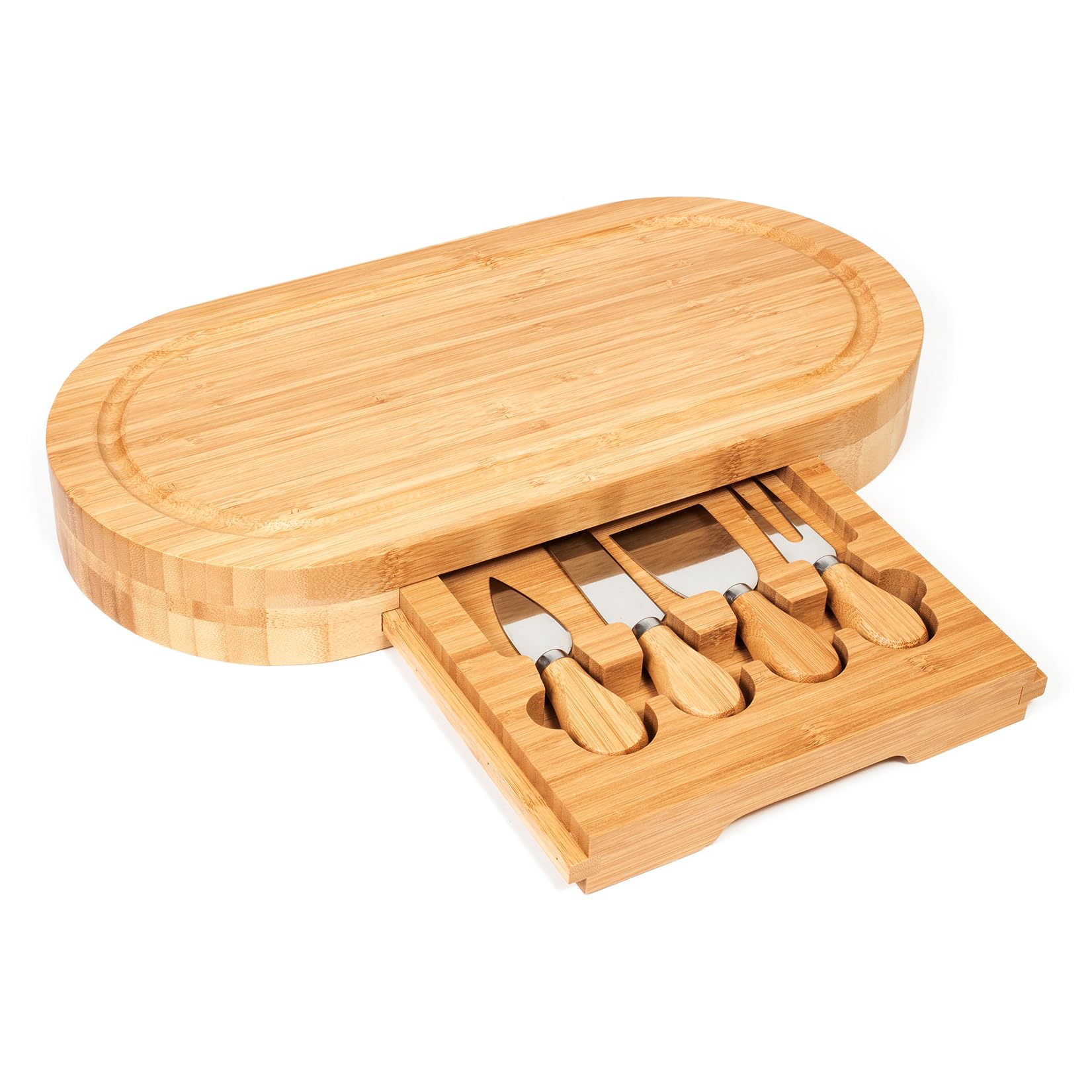 woodluv Cheese Board, Serving Tay, Cheese Board Knife Gift Set with 4 Cheese Knives, Charcuterie Serving Board,Serving Platter, Bamboo Oval Cheese Servers, 41 X 20 X 5cm