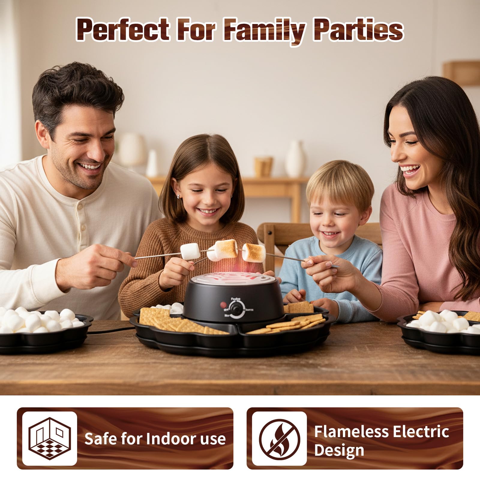 2-in-1 Smores Maker & Schokoladenfondue Set – S'Mores Set für Innenräume, Flammenloser Röster mit 4 Abnehmbaren Tabletts & 4 Grillgabeln, für Partys und Geschenke