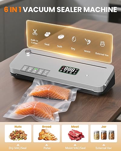 Miniatura 8 de Máquina selladora al vacío, máquina de sellado de alimentos 6 en 1, succión fuerte de 75 Kpa, con temporizador digital, cortador externo, modo de