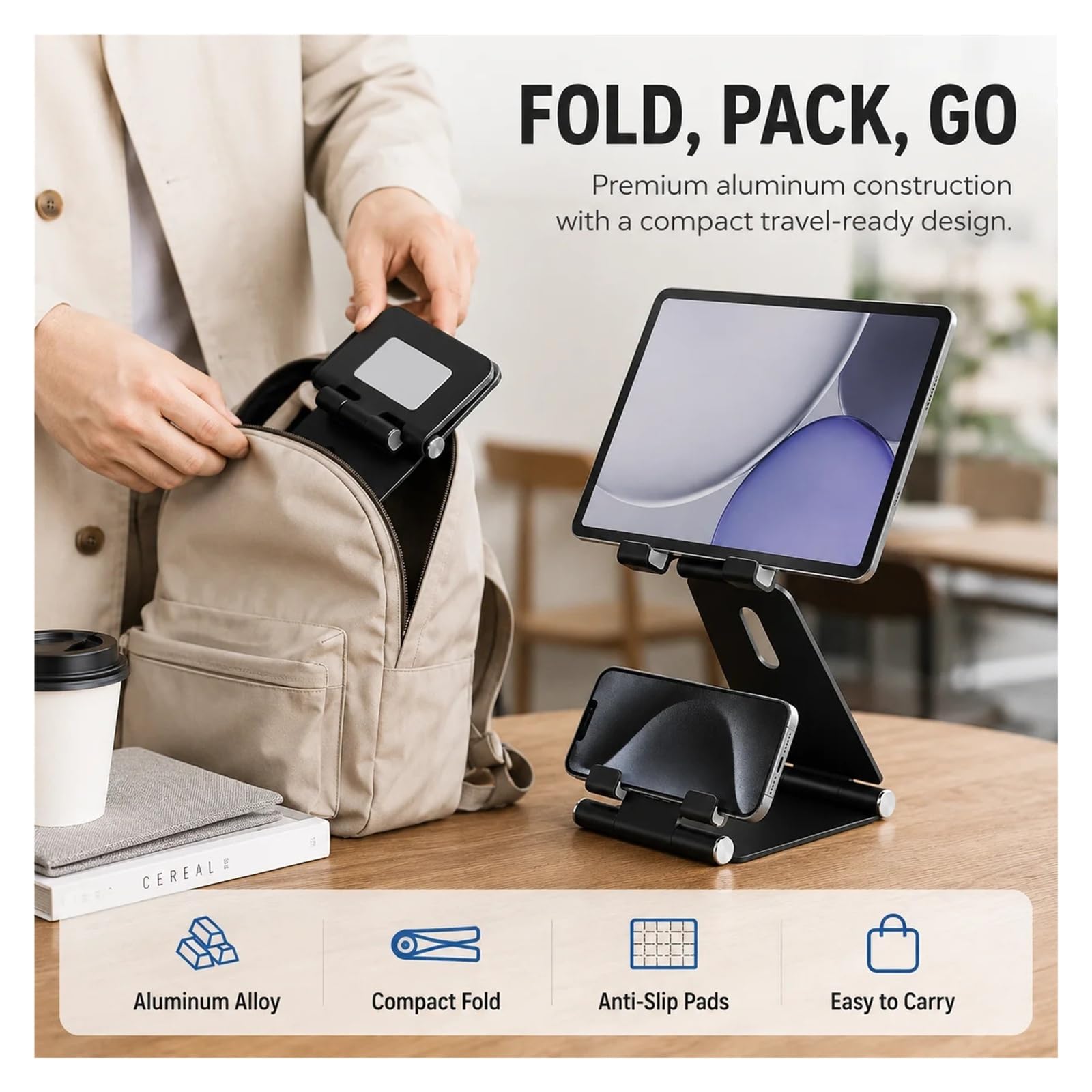 Supporto for telefono pieghevole in alluminio a doppio strato 2 in 1 | Scrivania, casa, ufficio, videochiamate, supporto tablet, supporto pieghevole