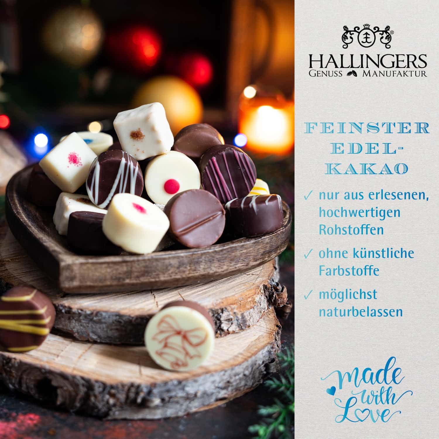 Hallingers Genuss Manufaktur Pralinen Weihnachts-Geschenk - ohne Alkohol, handmade aus Confiserie-Edelkakao in wertiger XL-Geschenkbox "Fröhliche Weihn...", Weihnachten für Frauen Männer