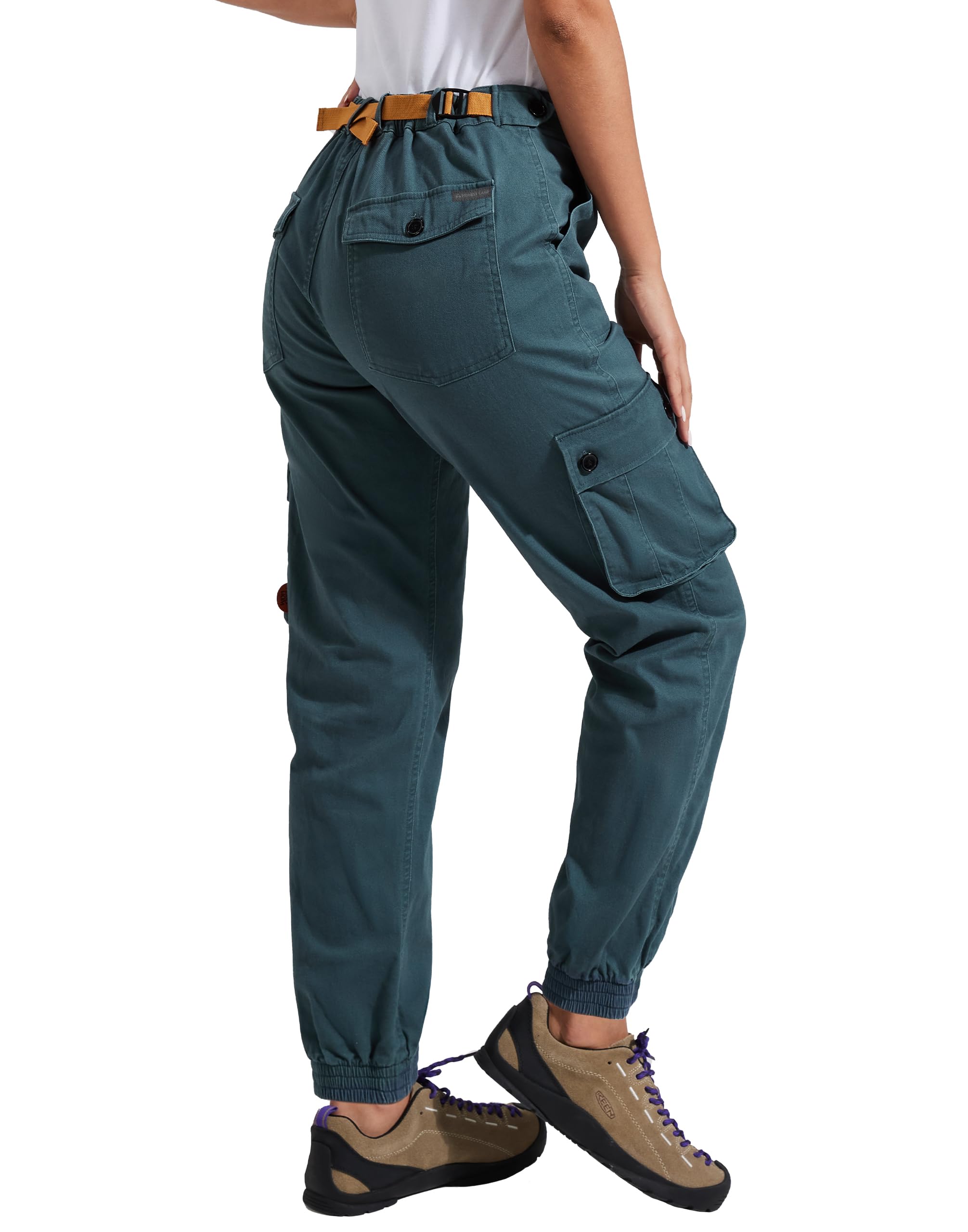 Pioneer Camp Women's Stretchy Cargo Pants with Pockets High-Rise Casual Hiking Cotton Joggers Adjustable Waistband with Belt