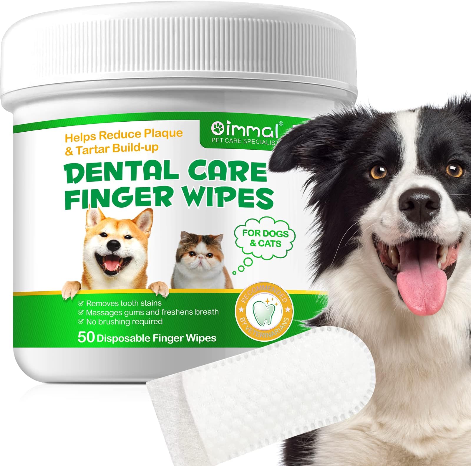 Oimmal 50Pcs Teeth Cleaning Wipes for Dogs & Cats, Dog Breath Freshener Dental Finger Wipes, Dog Dental Care Wipes Helps Wipe Away Plaque & Tartar - Freshens Breath, No-Rinse Dog Finger Toothbrush
