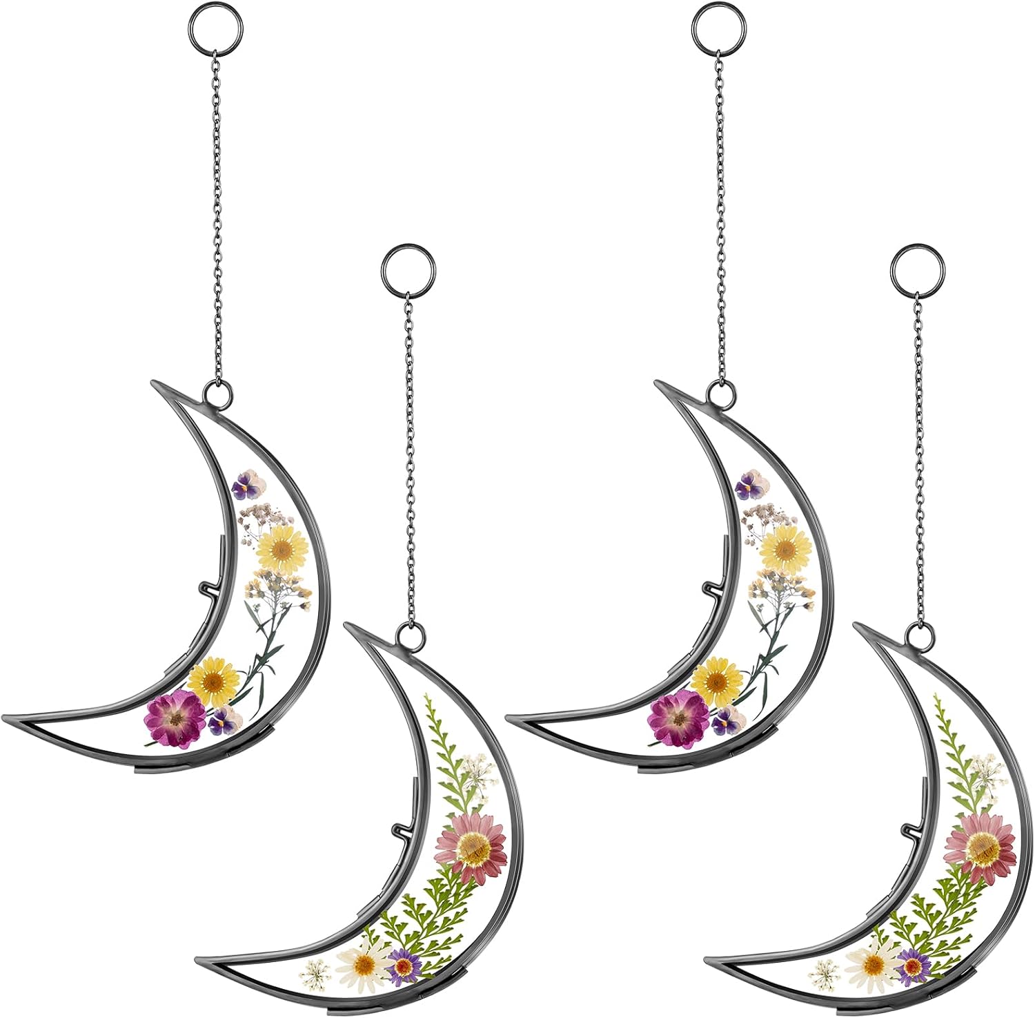 Lineshading 4 Pcs Glass Pressed Flower Frames Double Glass Moon Shaped Picture Frames Flower Brass Hanging Photo Frame for Gallery Artwork Display Wall Decor Housewarming Gifts(Black,4 x 6 Inch)