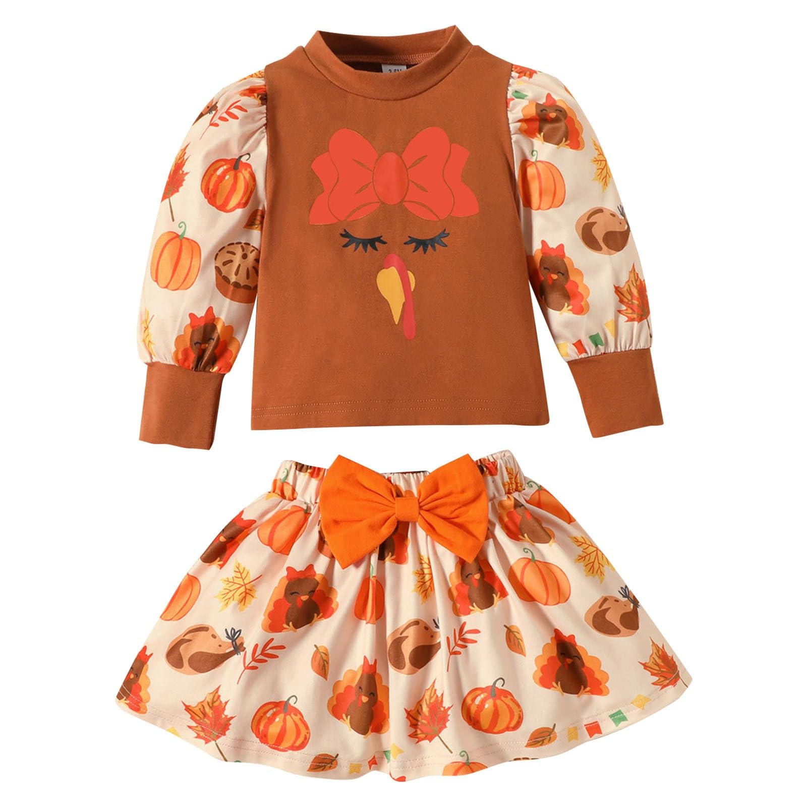 vBaby Girls Thanksgiving Sets Turkey Pumpkin Printed Pullover Crewneck Long Sleeve Tops Puffy Skirts with Bowknot