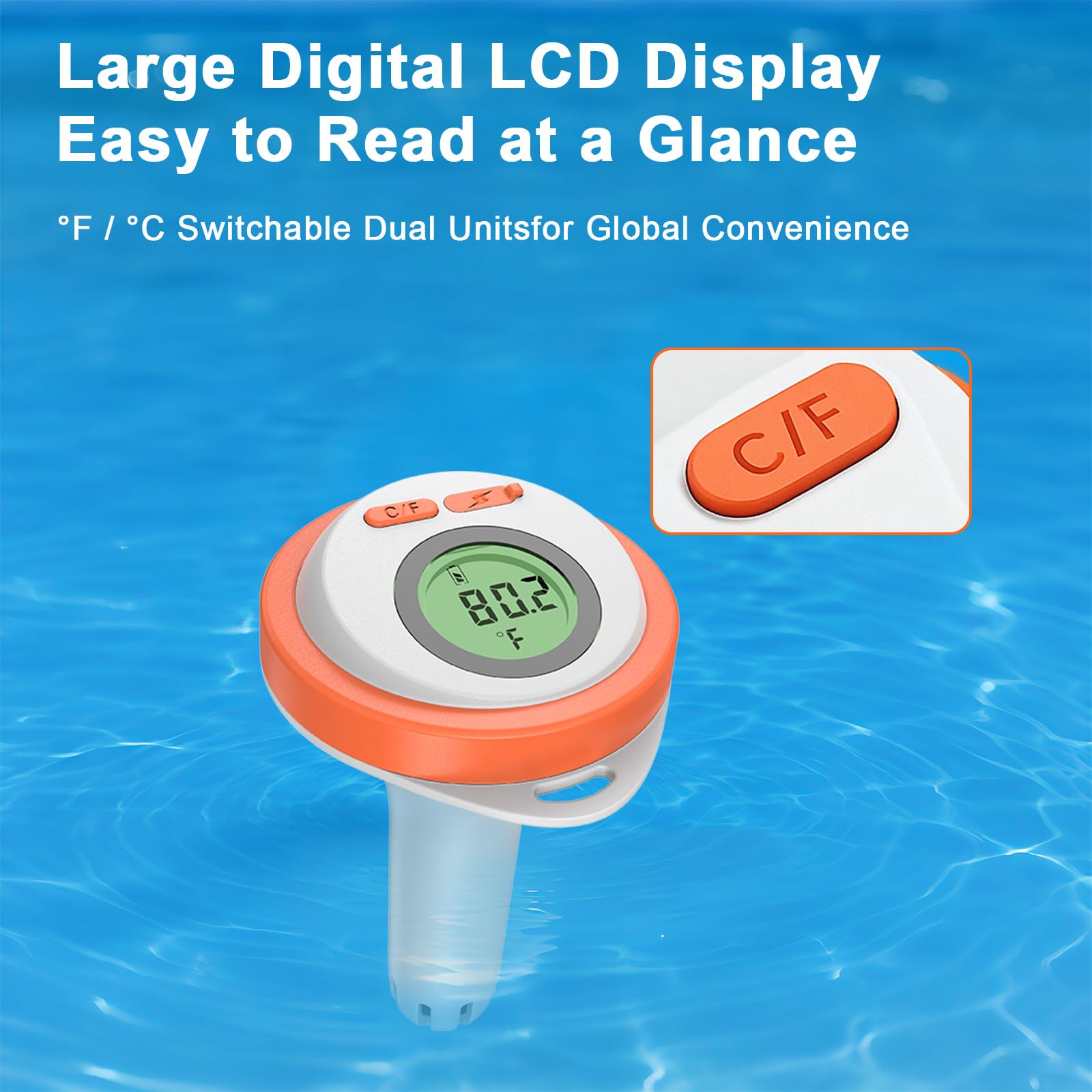 Anreedvigo Termometro galleggiante digitale ricaricabile per piscina/acquario/vasca da bagno/vasca idromassaggio/jacuzzi/acquario, schermo LCD, facile da leggere, livello impermeabile IPX-8