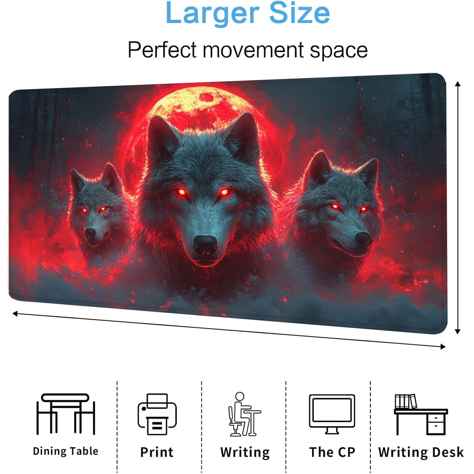 Podkładka pod mysz z wilkiem XXL Księżyc 1600 x 800 x 4 mm Podkładka pod mysz do gier, duża wodoodporna antypoślizgowa podkładka na biurko, podkładka pod mysz szyte krawędzie dla graczy, komputera,