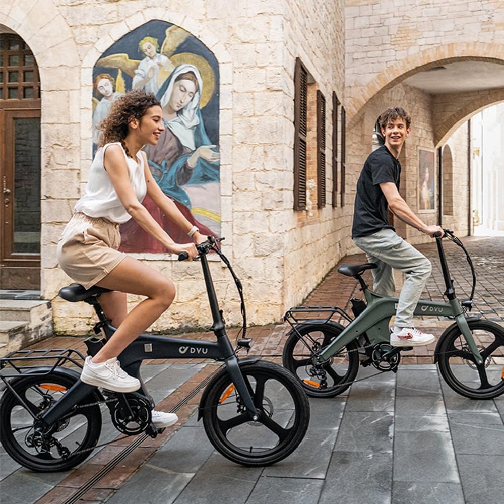 DYU T1 Bicicletta Elettrica Pieghevole 20 Pollici con Sensore di Coppia, Bici Elettrica con Batteria Rimovibile 36V 10Ah, Cambio a 7 Velocità, Ammortizzatore Sella, Portapacchi Posteriore