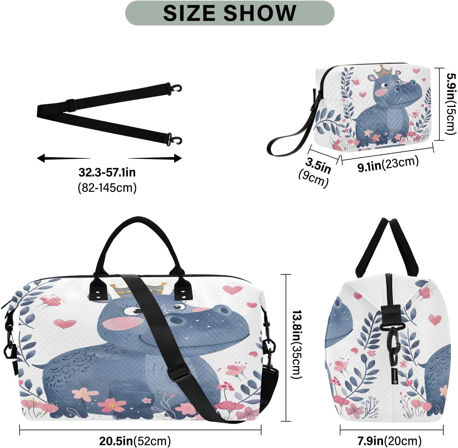 Travel Duffle Bag, Little Princess Hippo A Crown Gym Bag with Storage Bag Weekender Overnight Bag for Men Women Trip Sports Yoga