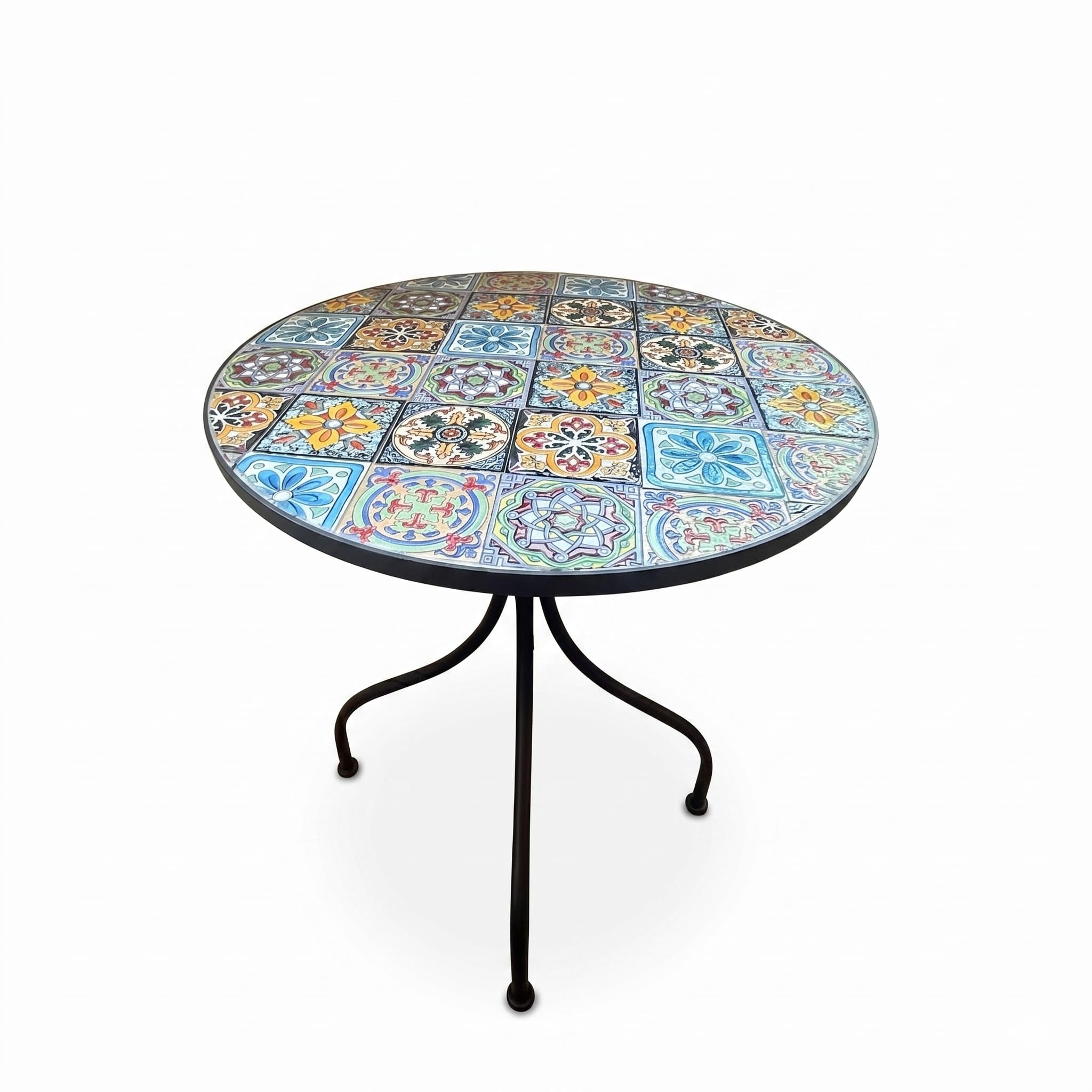 Set Bistro da Esterno Thalia, Tavolino Rotondo e 2 Sedie Pieghevoli, Ceramica e Acciaio Verniciato a Polvere, Stile Industriale Retrò, Tavolo Ø60 cm