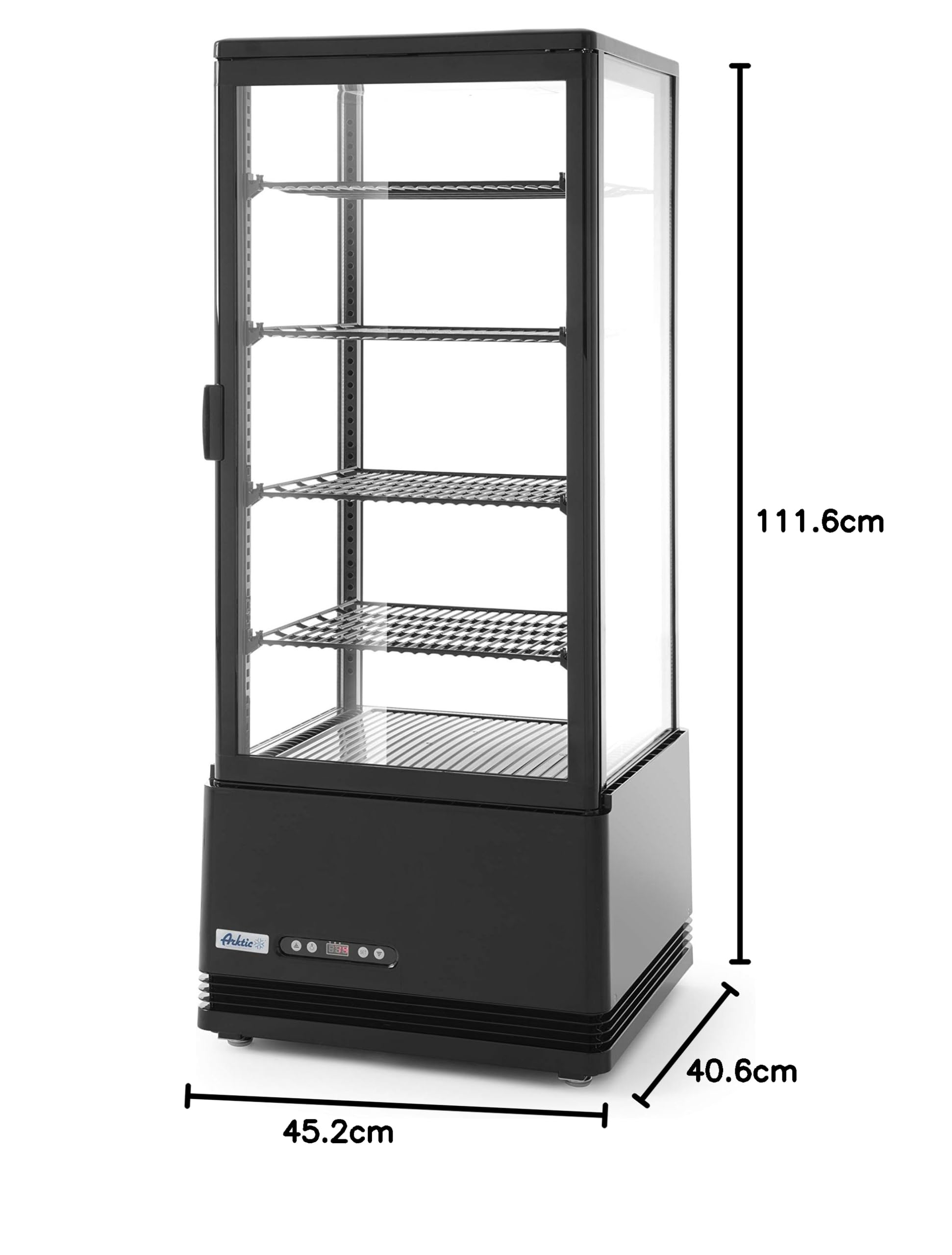 HENDI Vetrina da Esposizione Refrigerata, Sbrinamento Automatico, Sistema Antifog, 4 Ripiani, Illuminazione LED, Classe Energetica C, 98L, 230V, 210W, 452x406x(H)1116mm, Nero, ABS, Doppio Vetro