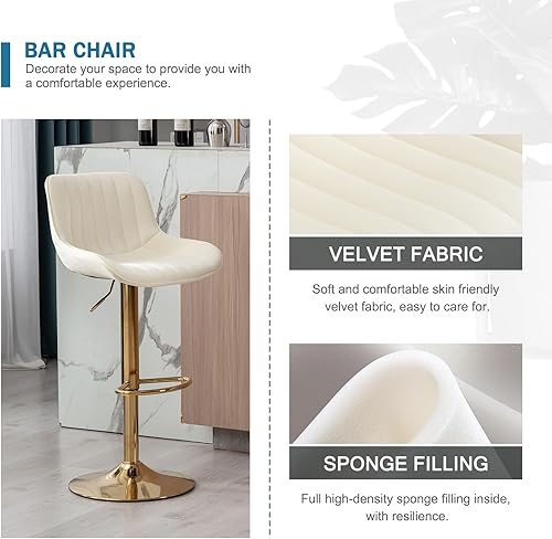 Miniatura 6 de Juego de 4 taburetes de bar giratorios de terciopelo ajustables, modernas sillas de bar con respaldo y base de metal dorado, taburetes de isla de
