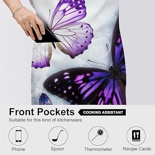 Miniatura 5 de Personalized White Purple Butterflies Adult Apron, Kitchen Cooking Aprons for Woman Man, Adjustable Bib Apron with Pocket for Baking, BBQ Crafting