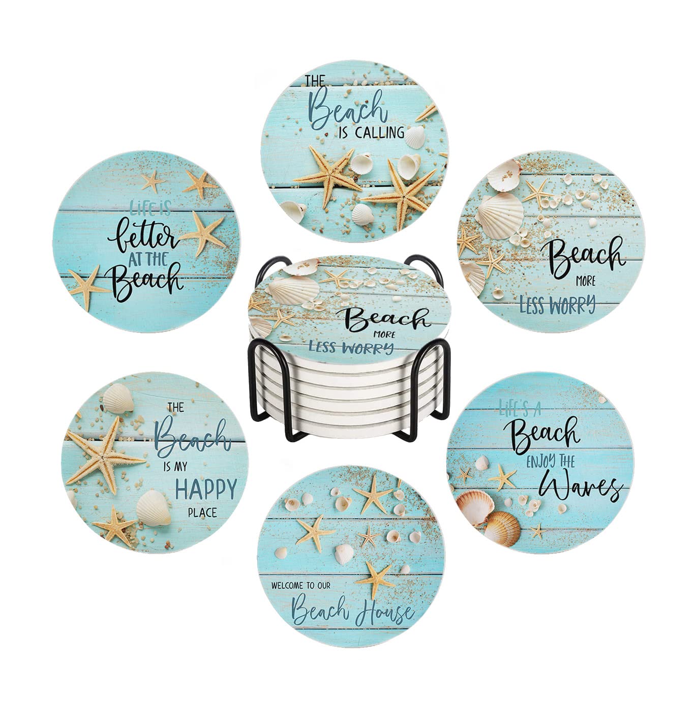 HUXJOKO Coasters for Drinks Set of 6,Seashells Starfish on Blue Wooden Absorbent Ceramic Coaster,Round Stone Mat,with Cork Base and Metal Holder for