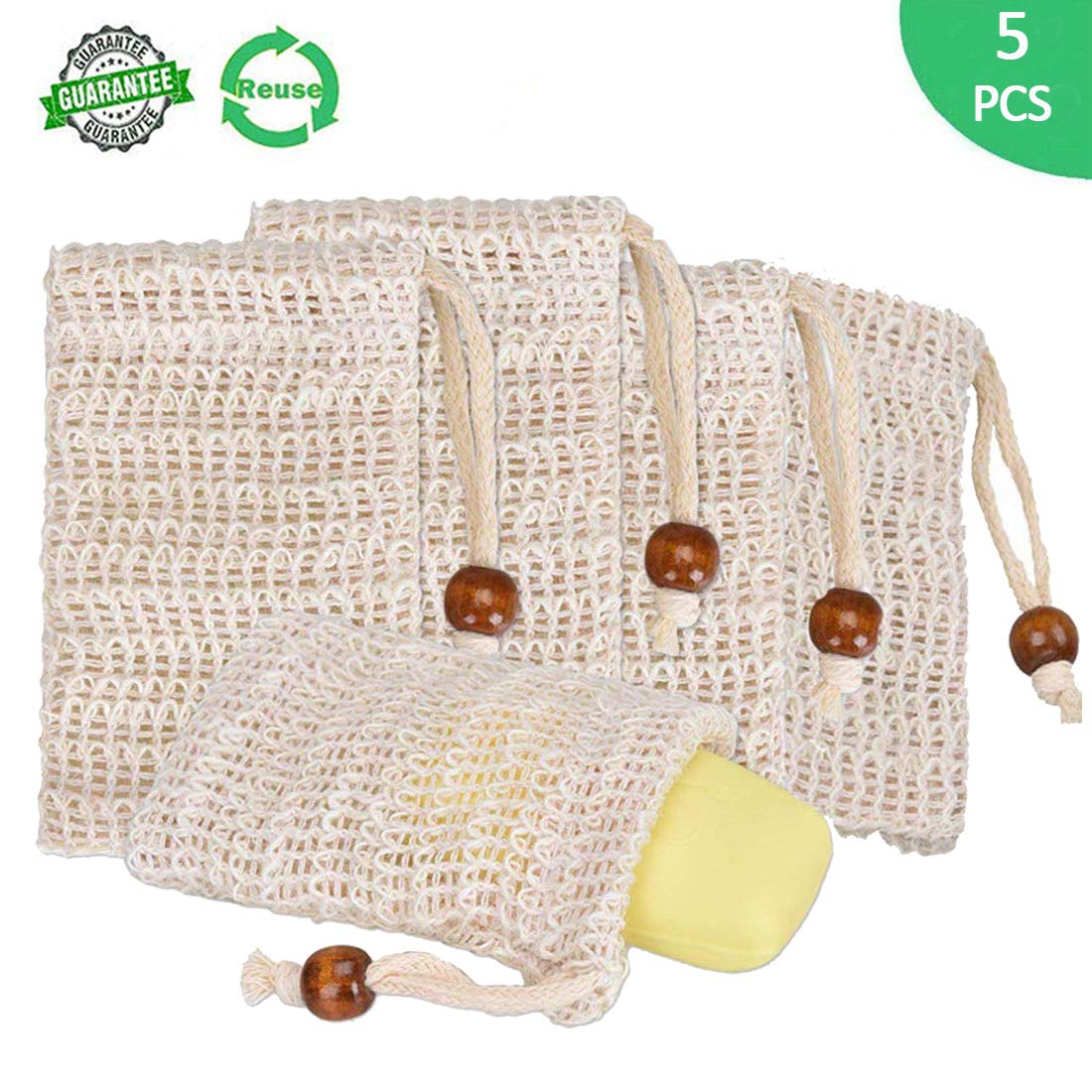Joyfeel's StoreNatural Sisal Soap Bag Exfoliating Shower Bath Soap Saver Pouch Organic Foaming and drying Soap Holder Bags with Drawstring,Pack of 5