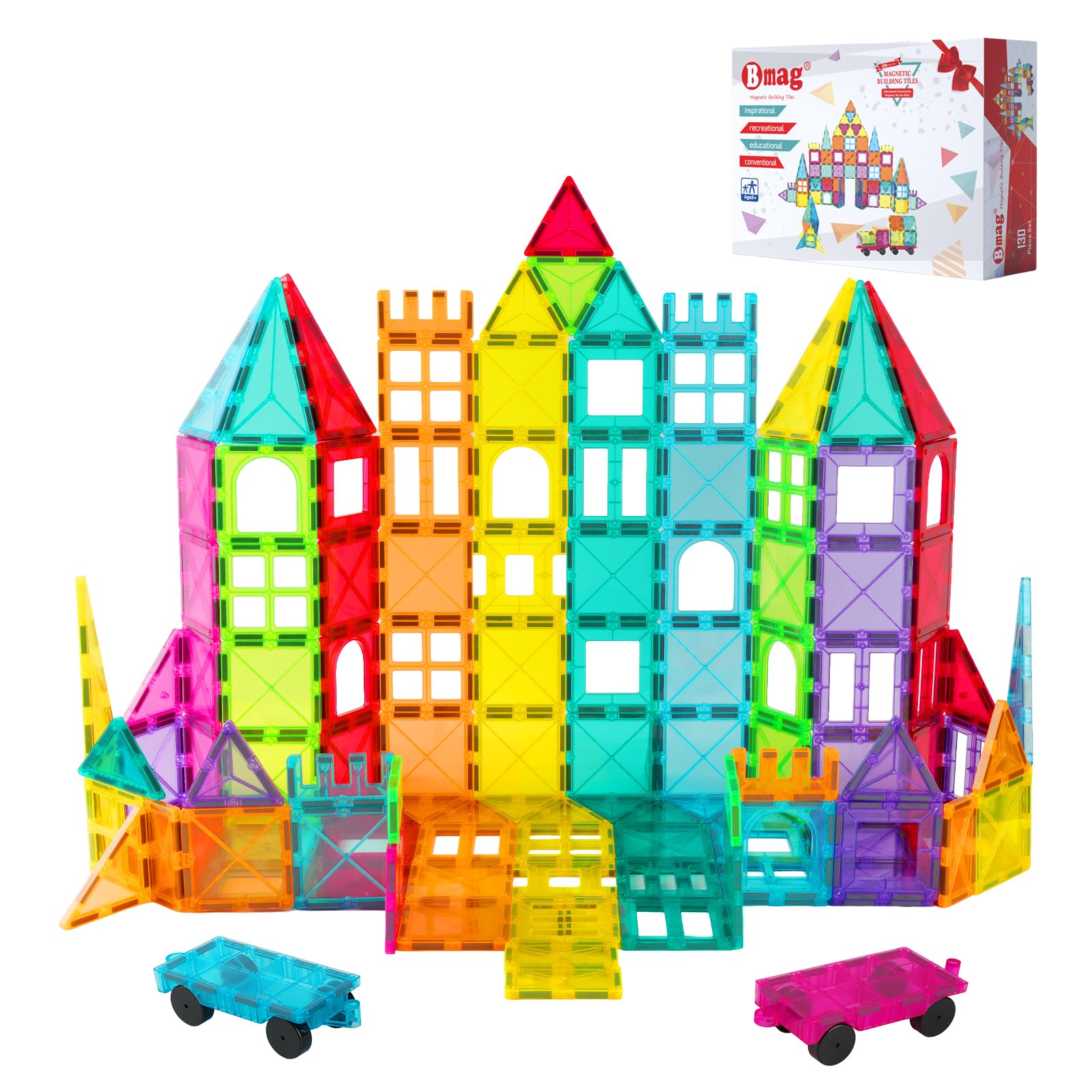Bmag 130PCS Magnetic Tiles Building Blocks with 2 Cars | 3D Clear Magnet Blocks | STEM Preschool Toys for 3-9+ Kids | Christmas & Toddler Gift | Compatible with Major Brands