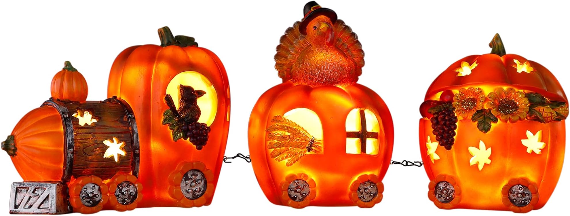Thanksgiving Table Decorations Resin Pumpkin Turkey Carriage Train with LED Lights, Turkey Tabletop Centerpieces Fall Harvest Decor for Home Kitchen