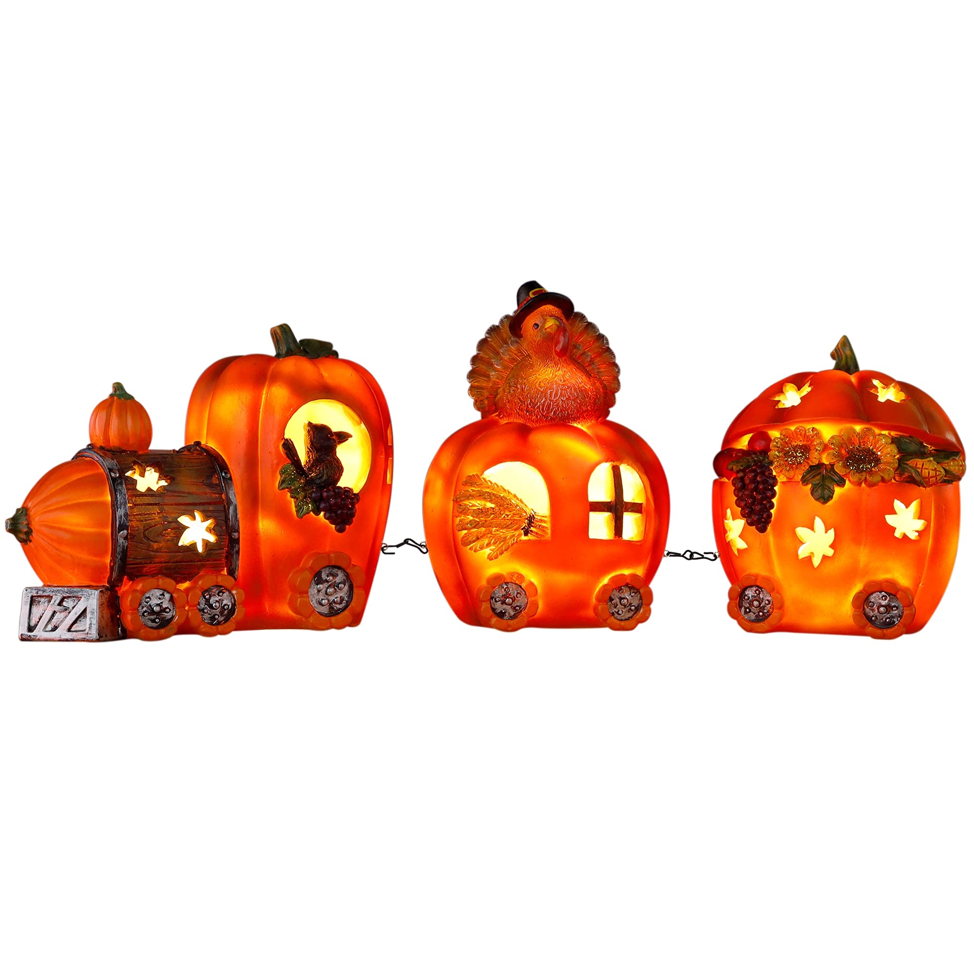 Thanksgiving Table Decorations Resin Pumpkin Turkey Carriage Train with LED Lights, Turkey Tabletop Centerpieces Fall Harvest Decor for Home Kitchen