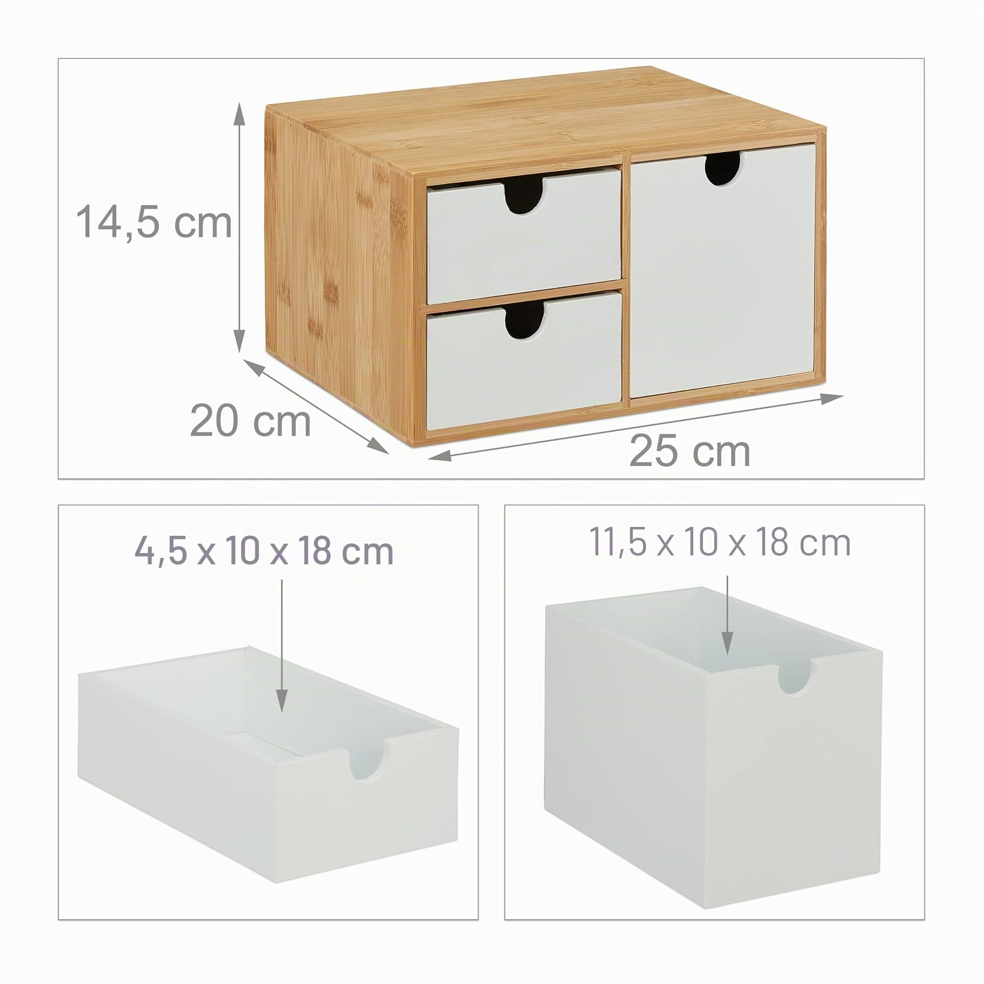 Relaxdays Organizador Escritorio, Madera Bambú y MDF, Almacenamiento Oficina, 3 Cajones, 14,5x25x20cm, Natural y Blanco