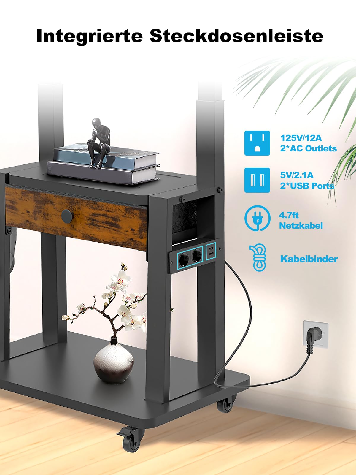 Rollbarer TV-Ständer mit Steckdose und Stoffschublade für 32"-75" Flach/Curved Bildschirme bis 100 kg. Mobiler TV-Wagen für LCD/LED/OLED-Fernseher mit Rollen für Homeoffice. Max. VESA 600 x 400 mm