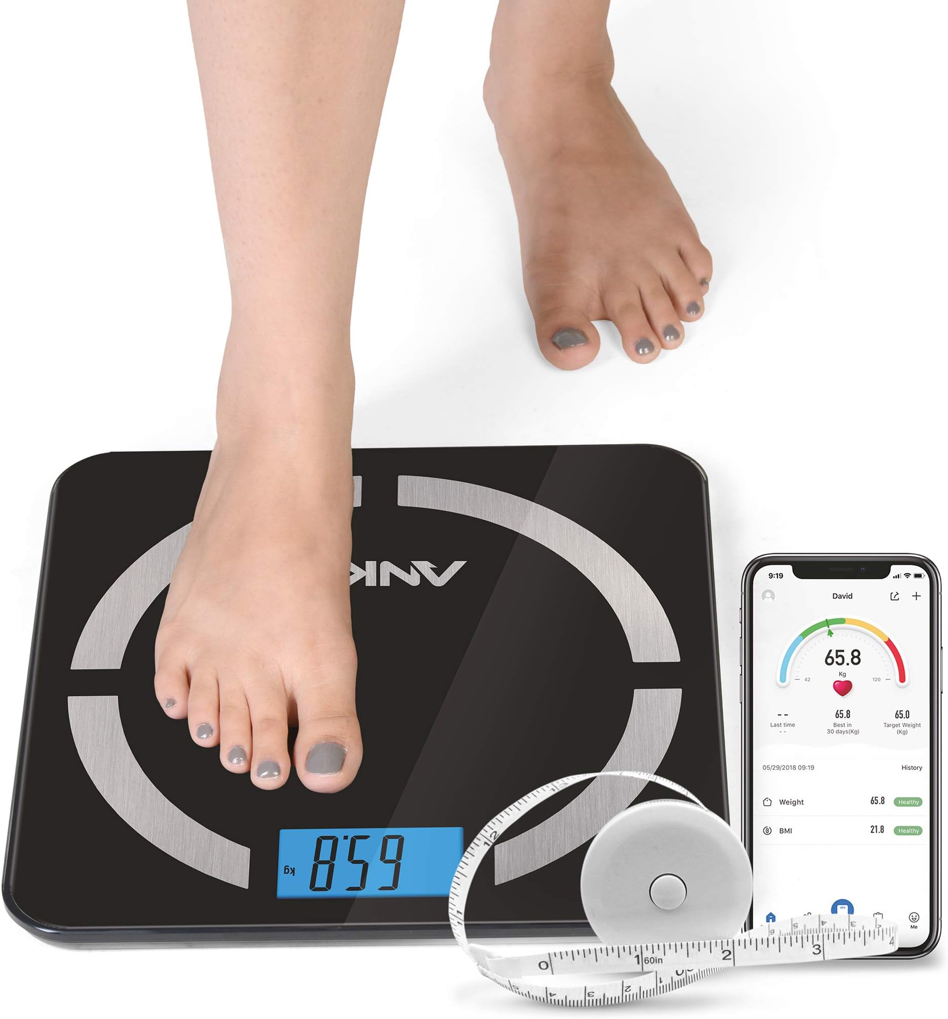 Anko Bluetooth Smart Body Fat Scale -8 Essential Body Composition Analyser, Auto Recognition, Track & Record Data up to 8 Users via Android & iOS App - Included Free BMI Tape