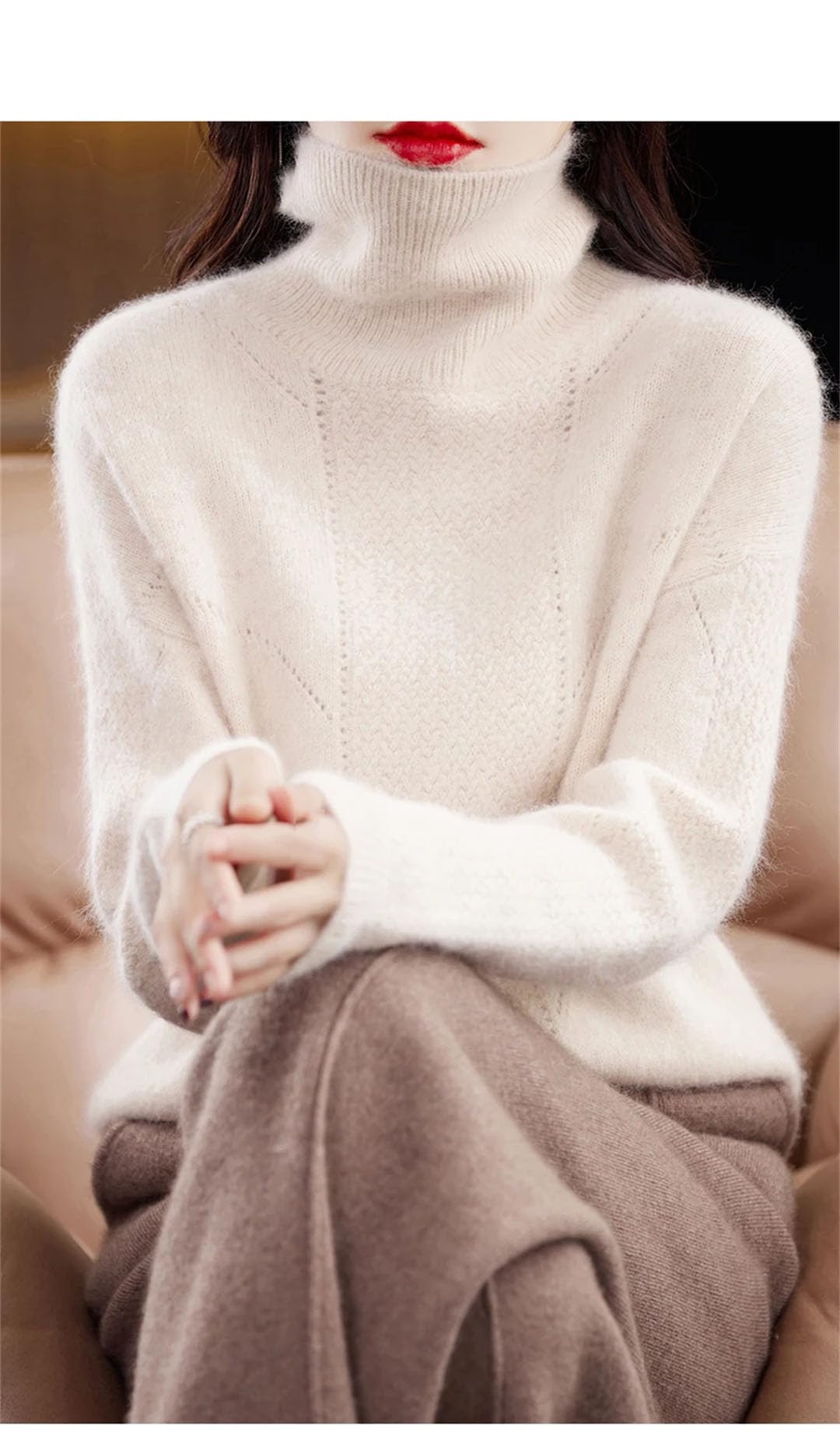 Vogrtcc Maglione da Donna Autunno Inverno Cashmere Collo Alto Top in Maglia Lavorato A Maglia Tinta Unita Cavo