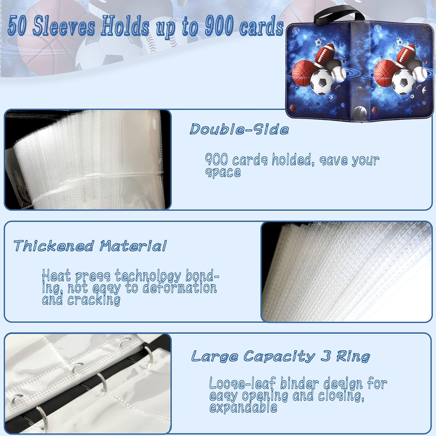 Sports Card Binder 900 Pockets, Trading Card Binder 9 Pocket with 50 Sleeves Fits 900 Sport Cards, Sports Card Holder with Zipper, Football Basketball Hockey Baseball Card Collection Storage Album