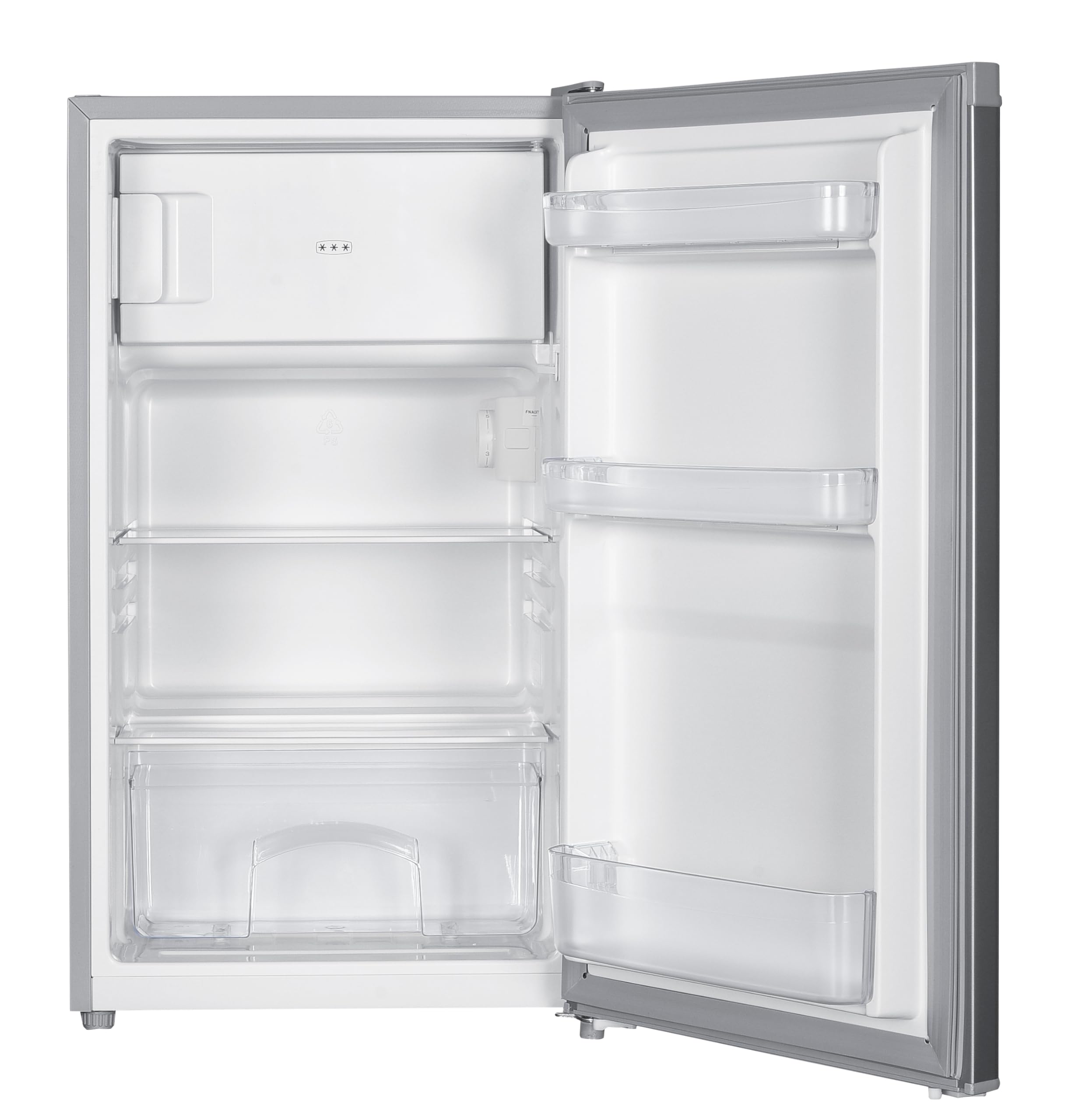 Cookology UCIB80 Undercounter Freestanding Fridge 80 Litre Capacity, Features an Adjustable Temperature Control and Legs, Reversible Door and Ice Box - in Silver — view 3