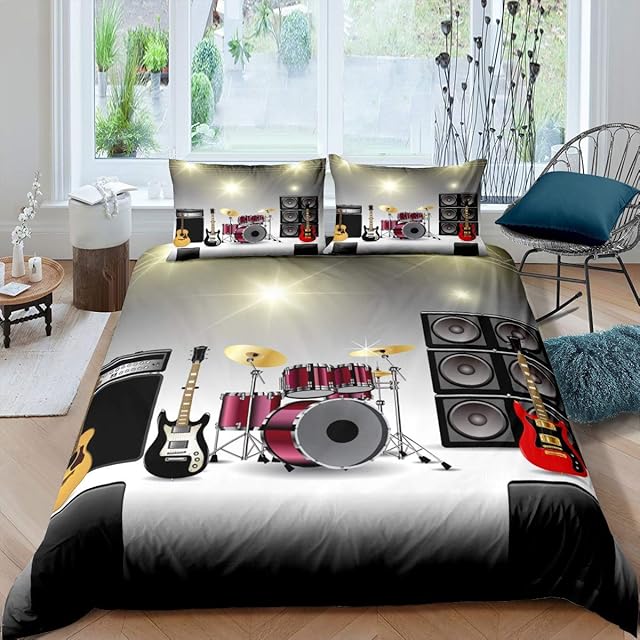 Bedding Set Rock Music Theme Duvet Cover for Kids Boys Teens Electronic Musical Instrument Comforter Cover Guitar Drum Speaker Bedspread Cover Bedroom Collection 2Pcs Single Size