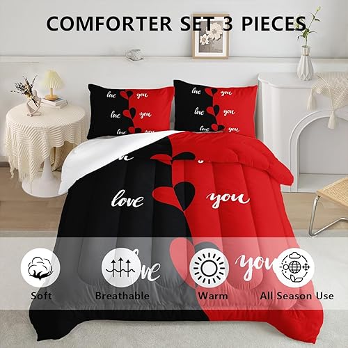 Miniatura 3 de Axolotl Mr Mrs - Juego de edredón individual, juego de ropa de cama negro y rojo, edredón para él y ella, ropa de cama romántica, regalos de boda