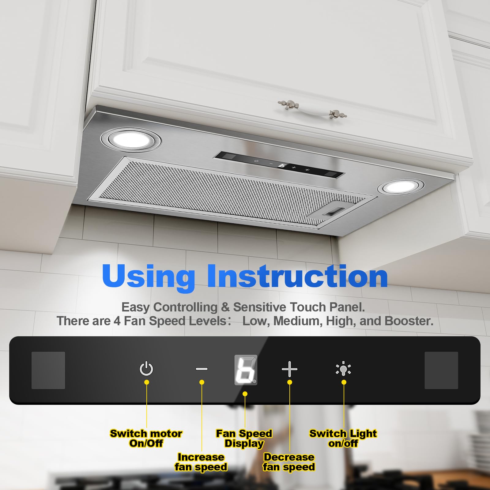 Cappa da incasso 52 cm, 400 m³/h Cappa da cucina, 3 velocità e Funzione Booster, Comandi Gesto, Tocco, Illuminazione a LED, Evacuazione dei condotti e ricircolo con filtro carbone attivo
