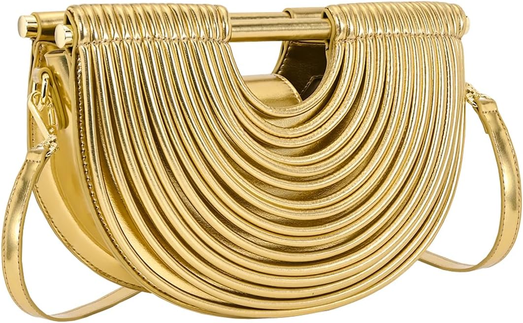 Half-Moon Clutch Purse for Women Wedding Woven Evening Shoulder Bag Top Handle Gold Party Prom Handbag