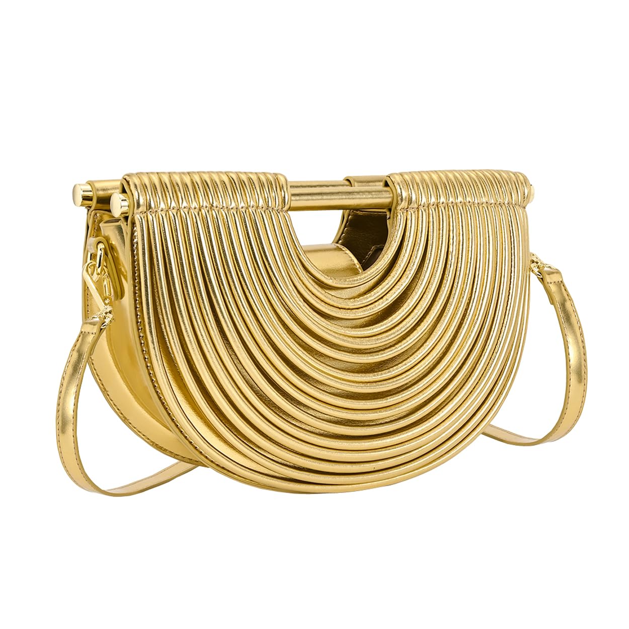 Photo 1 of Ophlid Half-Moon Clutch Purse for Women Wedding Woven Evening Shoulder Bag Top Handle Gold Party Prom Handbag Gold