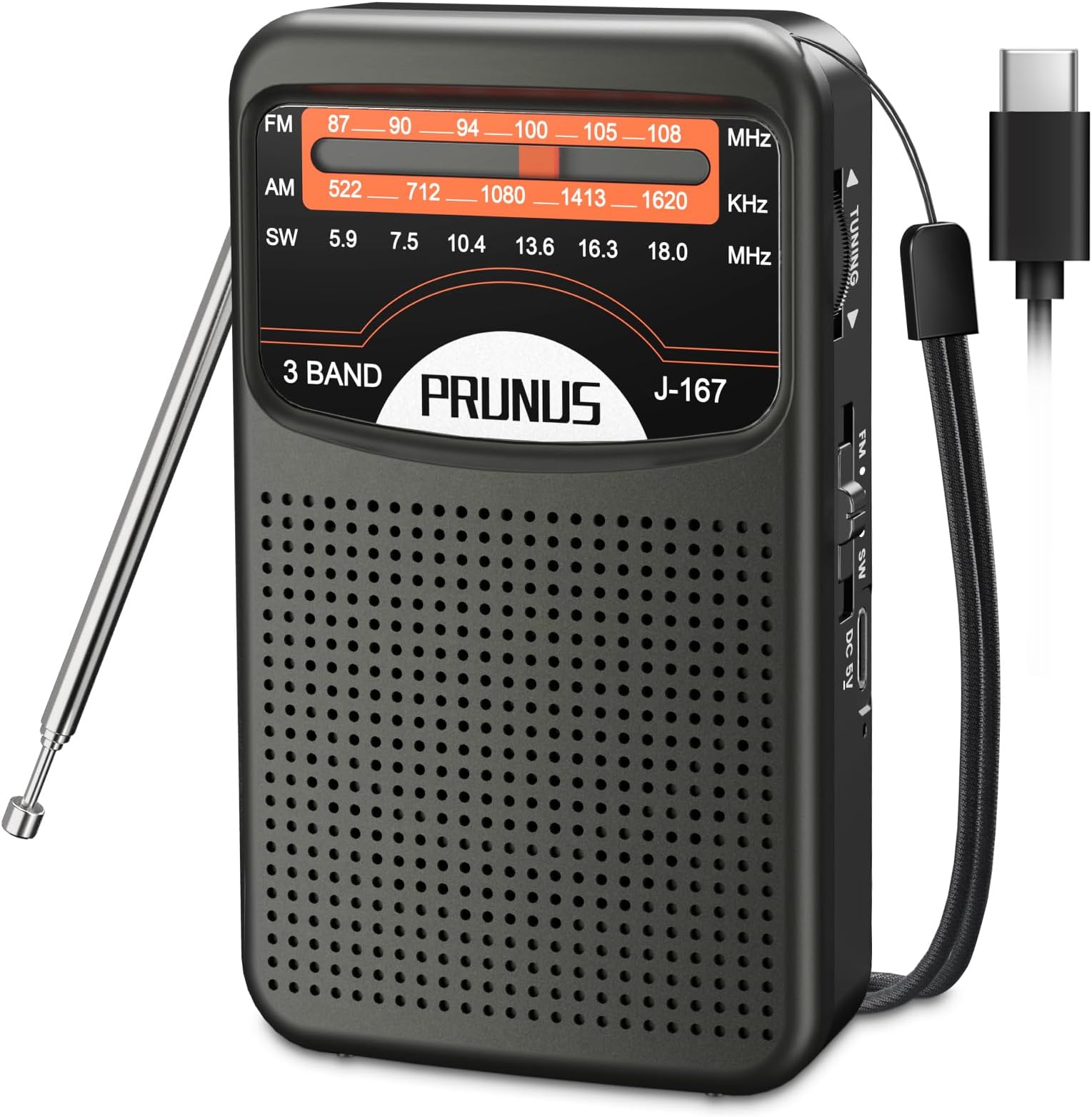 PRUNUSPortable Radio AM FM with USB Charging, Earphone Jack, Handheld Radios, Excellent Reception, Knob Easy to use, Tansistor Radio, J-167