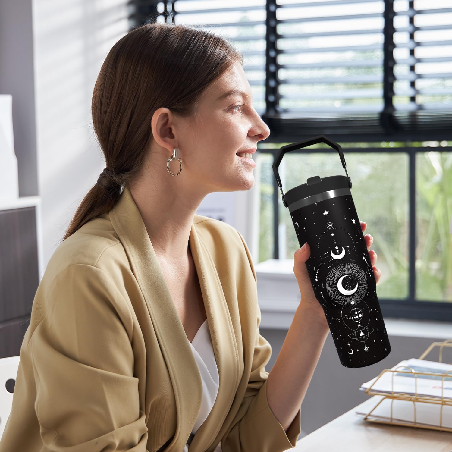 30oz Sun Moon Goth Tumbler with Top Handle Straw and Lid Water Bottle Reusable Stainless Steel Coffee Cup for Hot and Cold Drinks Gift for Women Man Gothic Travel Mug (star moon, 30oz) - Image 6