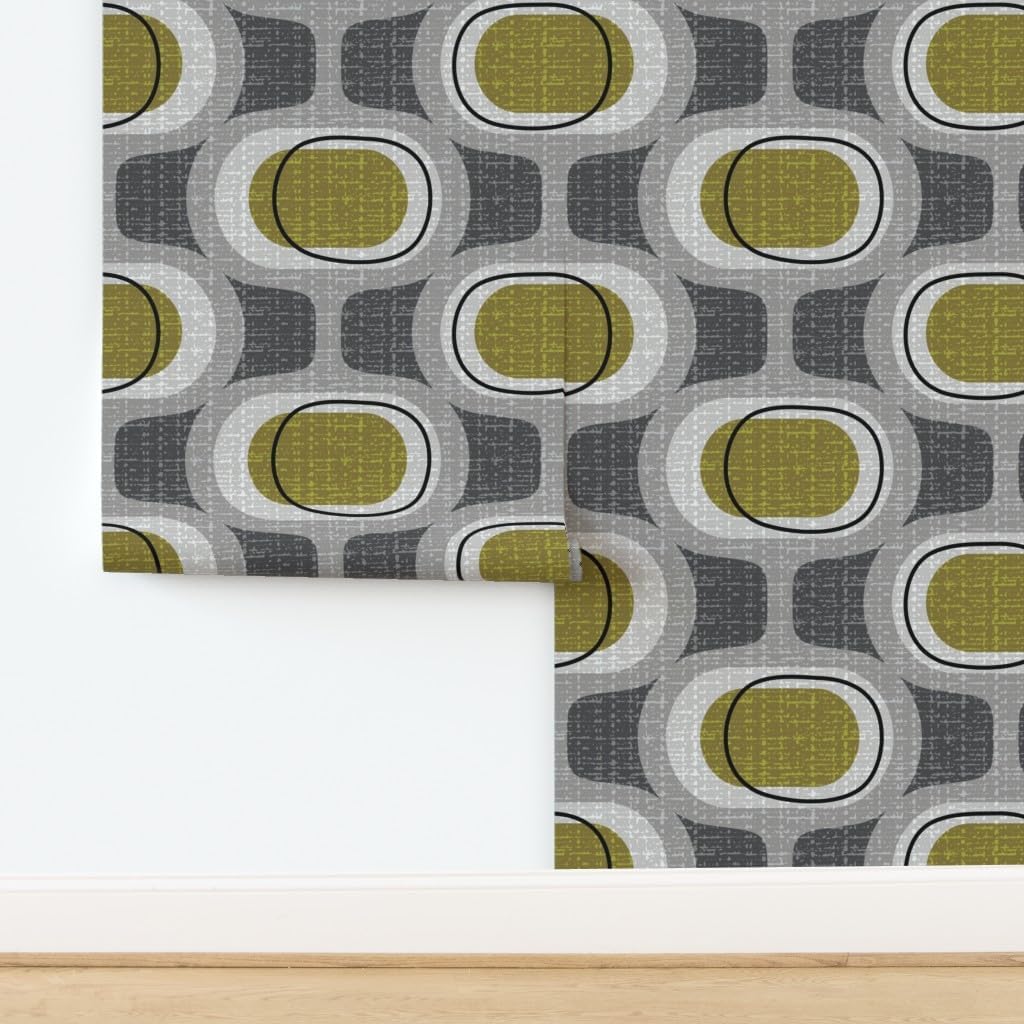 Peel & Stick Wallpaper 12ft x 2ft - Orbs Retro Green Mid Century Mod Modern Farmhouse Neutrals Custom Removable Wallpaper by Spoonflower