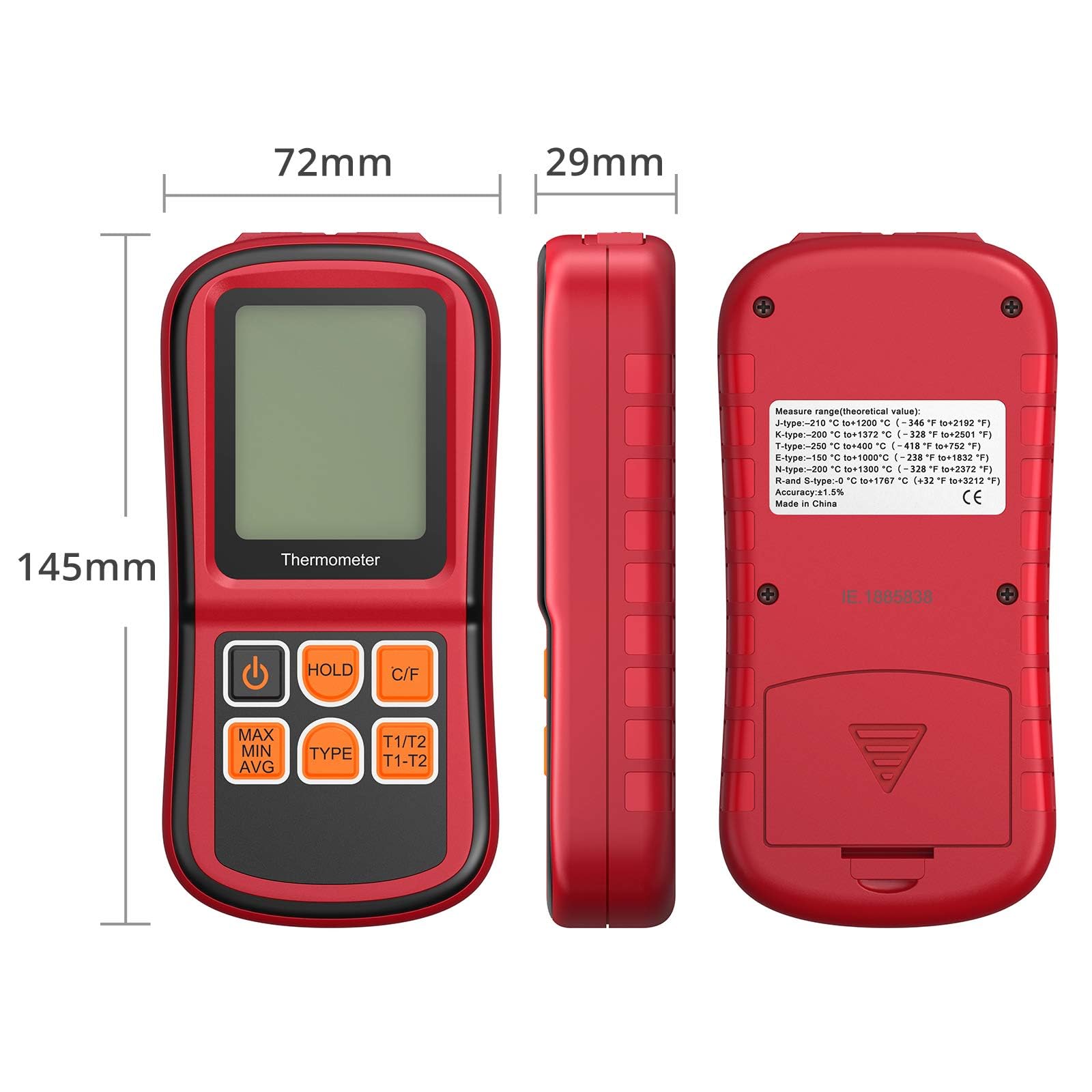 Kamtop Termometro digitale a doppio canale, alta precisione, display LCD, termocoppie tipo K/J/T/E/R/S/N, 2 sonde, funzionamento a batteria